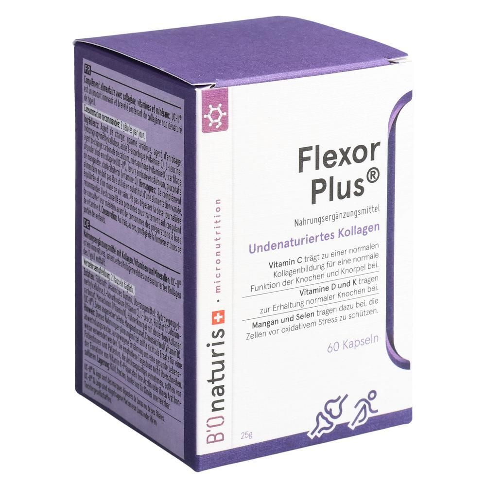 BIONATURIS Flexor Plus Kapseln: Kartonverpackung mit Produktinformationen und 60 Kapseln.