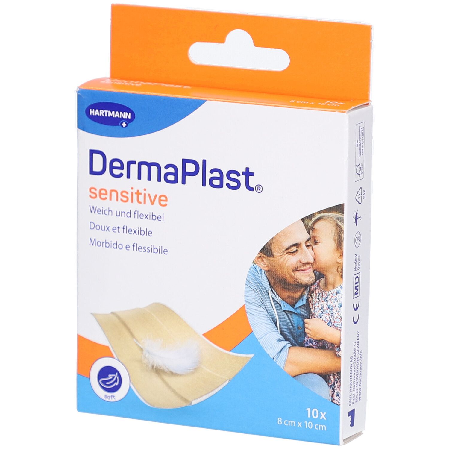 Verpackung von DermaPlast sensitive Pflastern. Enthält 10 Stück, 8 cm x 10 cm. Weich und flexibel. Hartmann Logo.