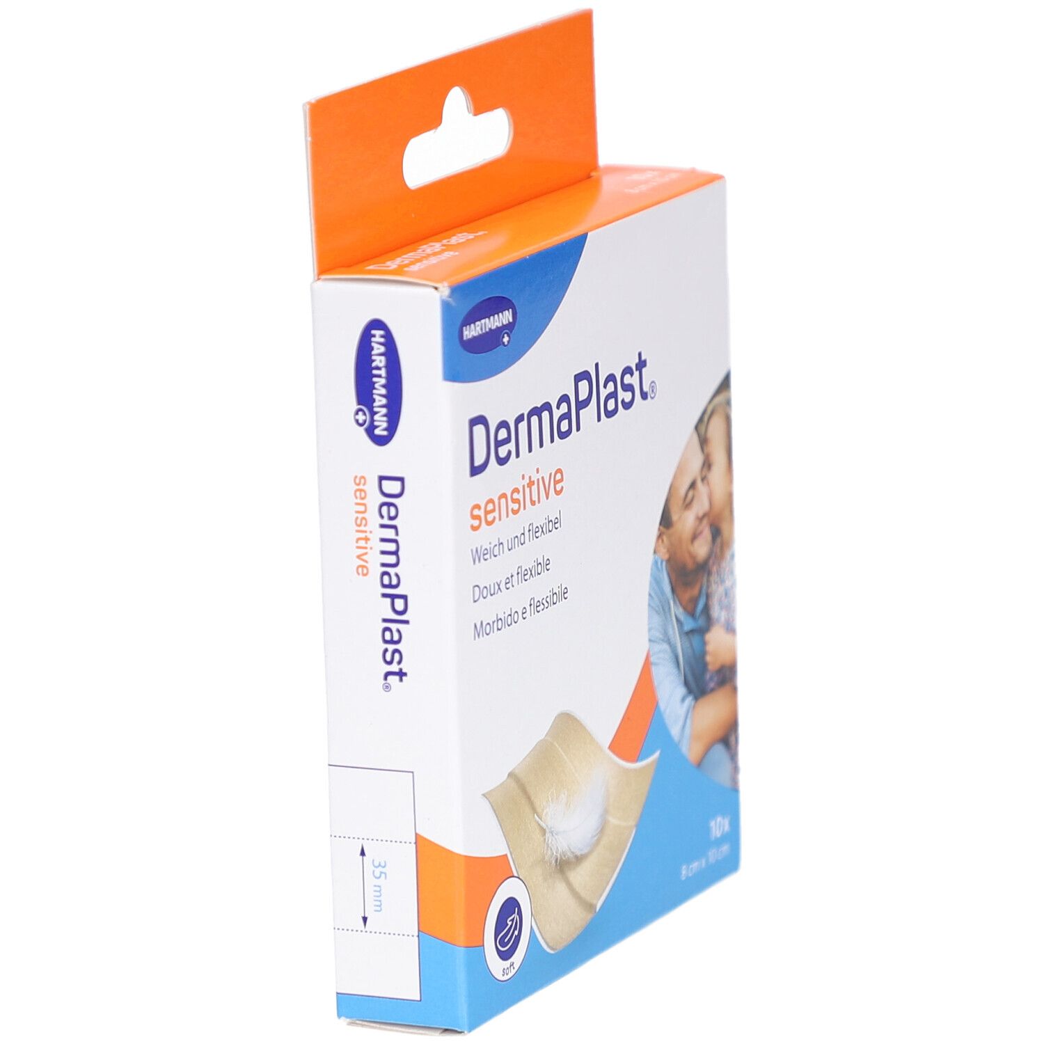 Seitenansicht der DermaPlast sensitive Pflasterverpackung. Zeigt das Hartmann Logo und Produktnamen. Größe: 35 mm.