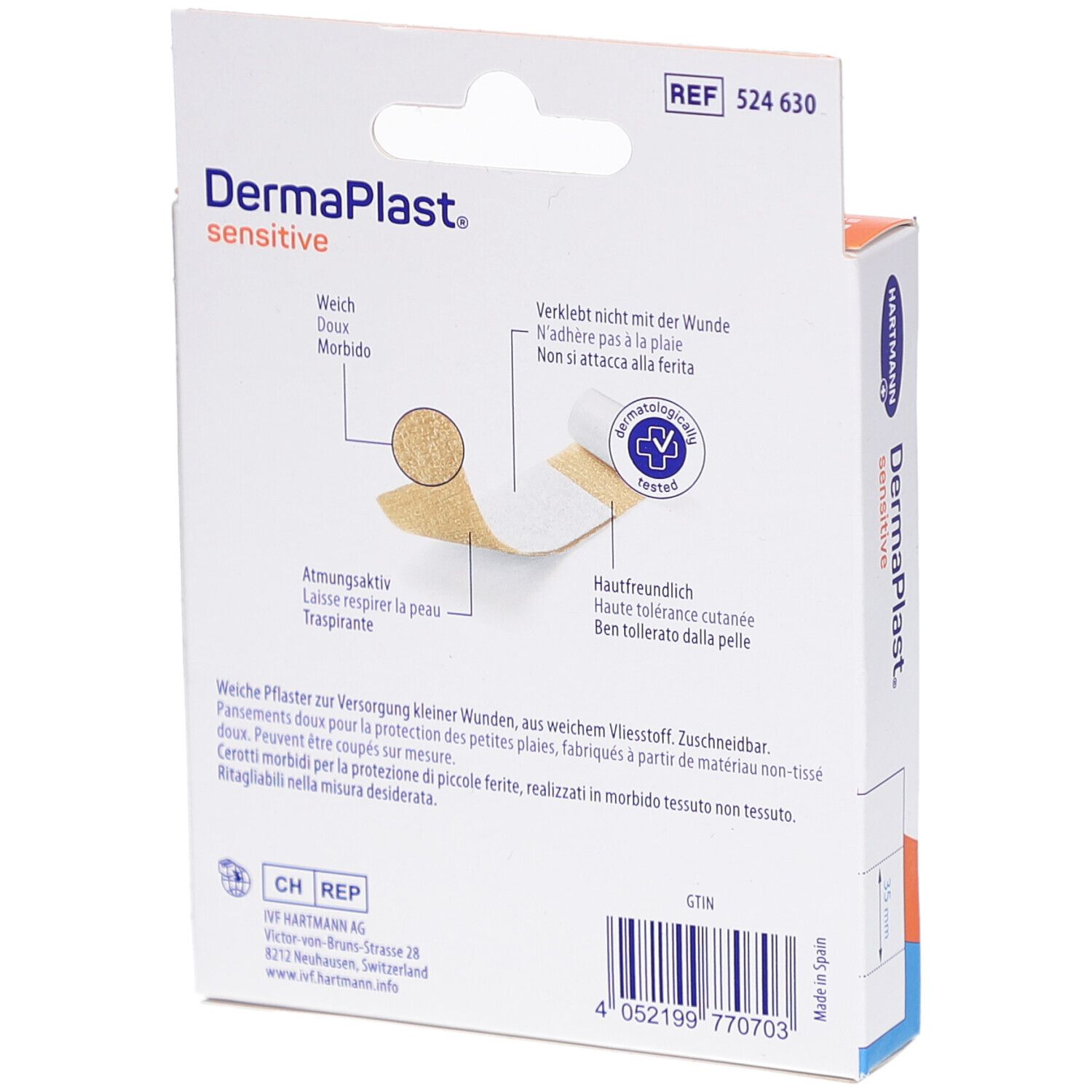 Rückseite der DermaPlast sensitive Pflasterverpackung. Produktinformationen und Zertifizierungen. Enthält einen Barcode.