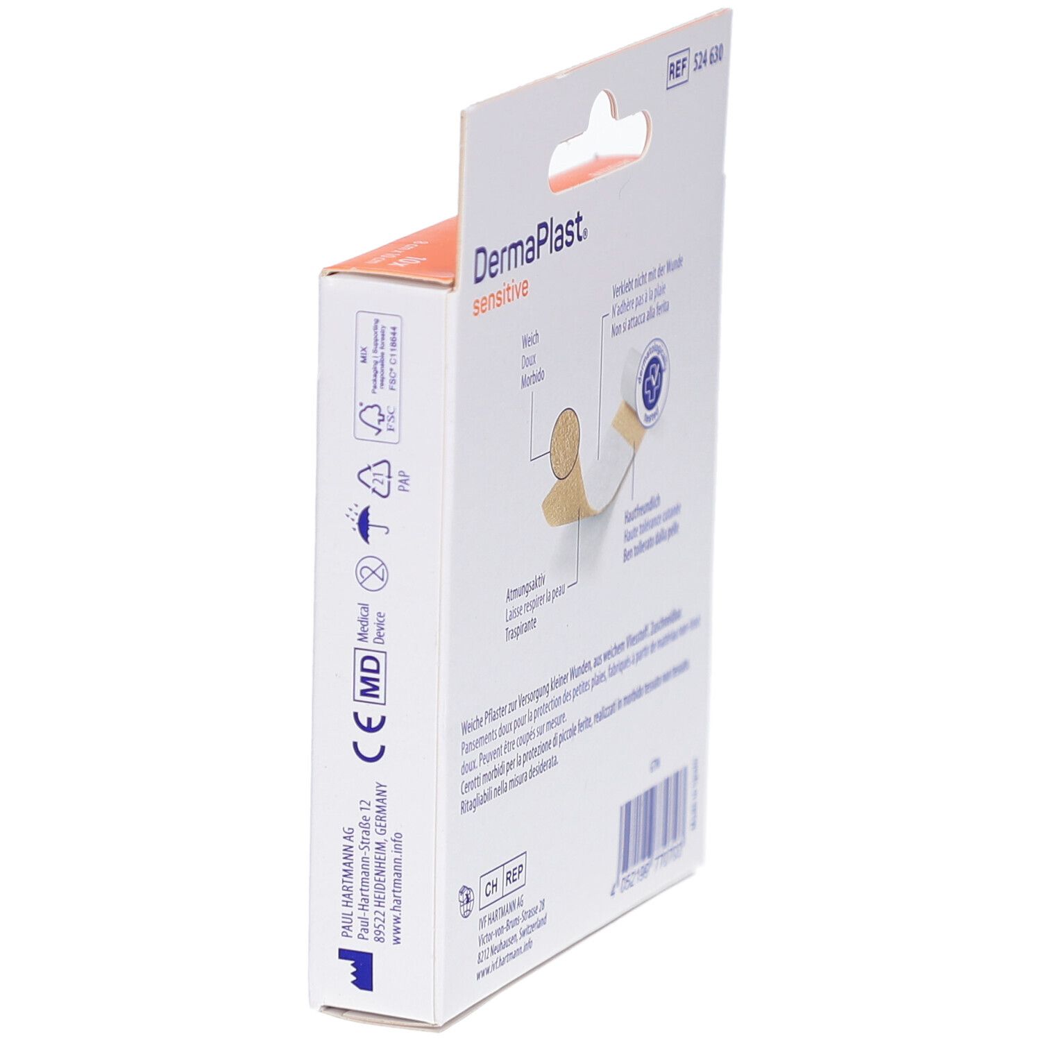 Seitenansicht der DermaPlast sensitive Pflasterverpackung. Zeigt das CE-Zeichen und weitere Informationen.