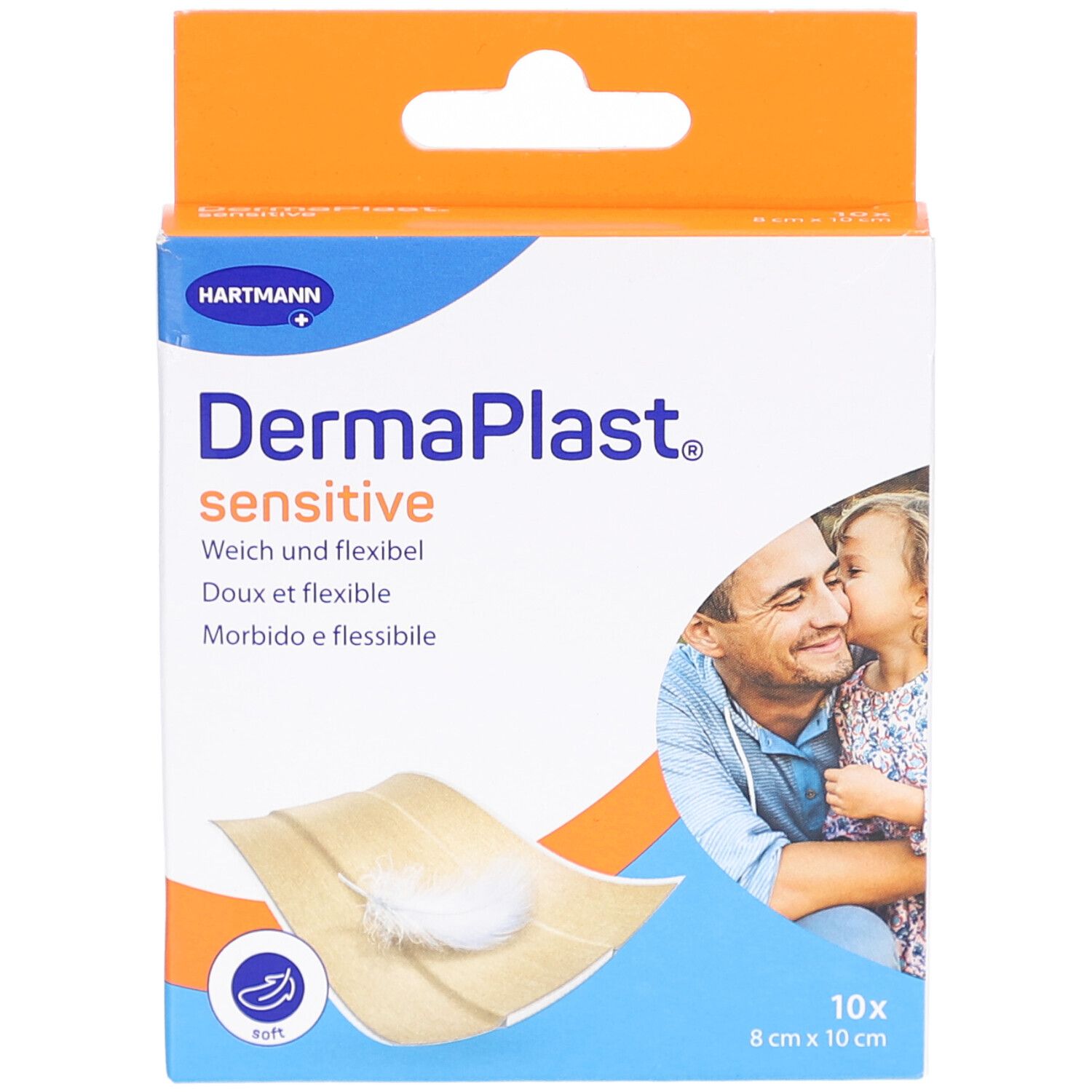 Vorderansicht der DermaPlast sensitive Pflasterverpackung. Enthält 10 Stück, 8 cm x 10 cm. Weich und flexibel. Hartmann Logo.