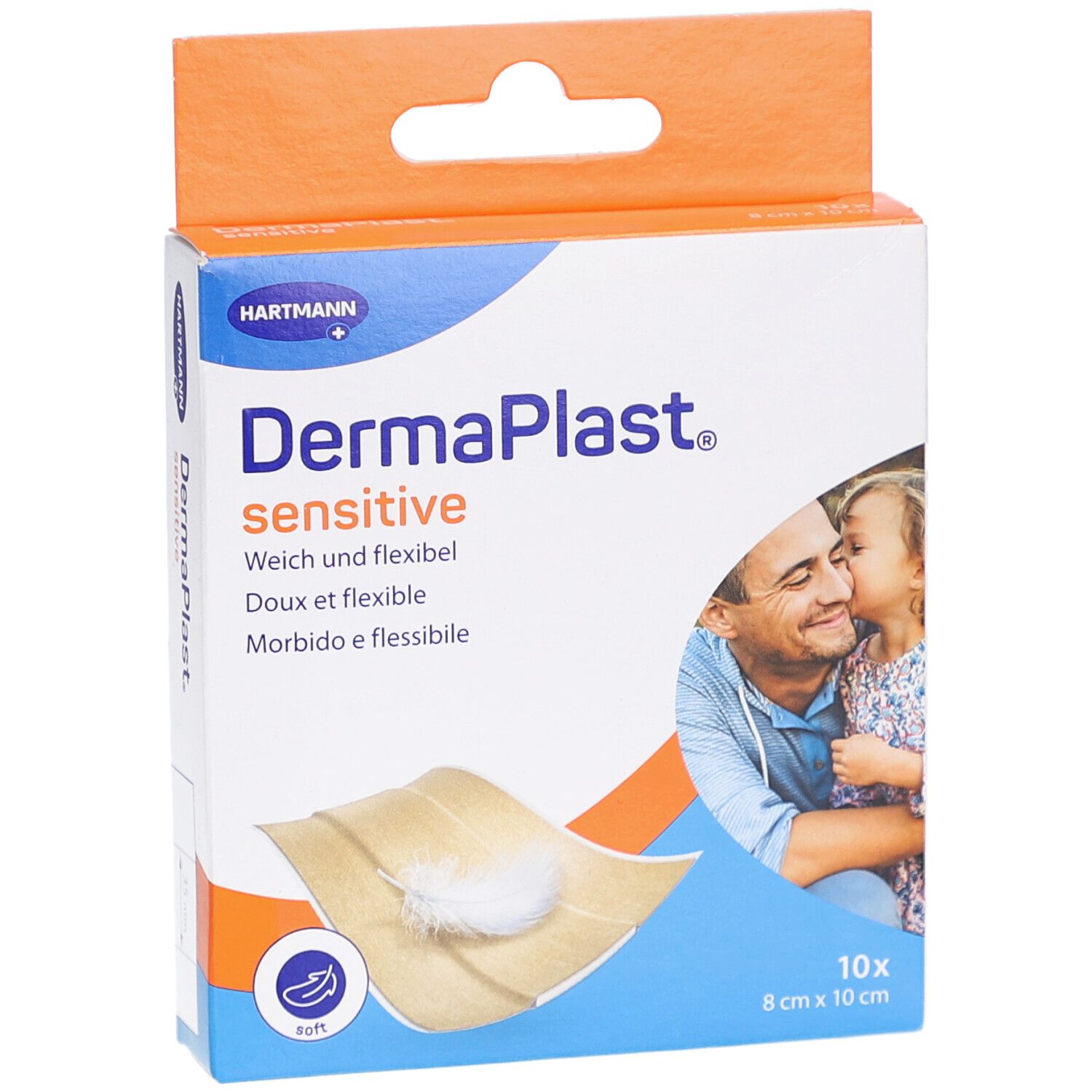 Vorderansicht der DermaPlast sensitive Pflasterverpackung. Enthält 10 Stück, 8 cm x 10 cm. Weich und flexibel. Hartmann Logo.