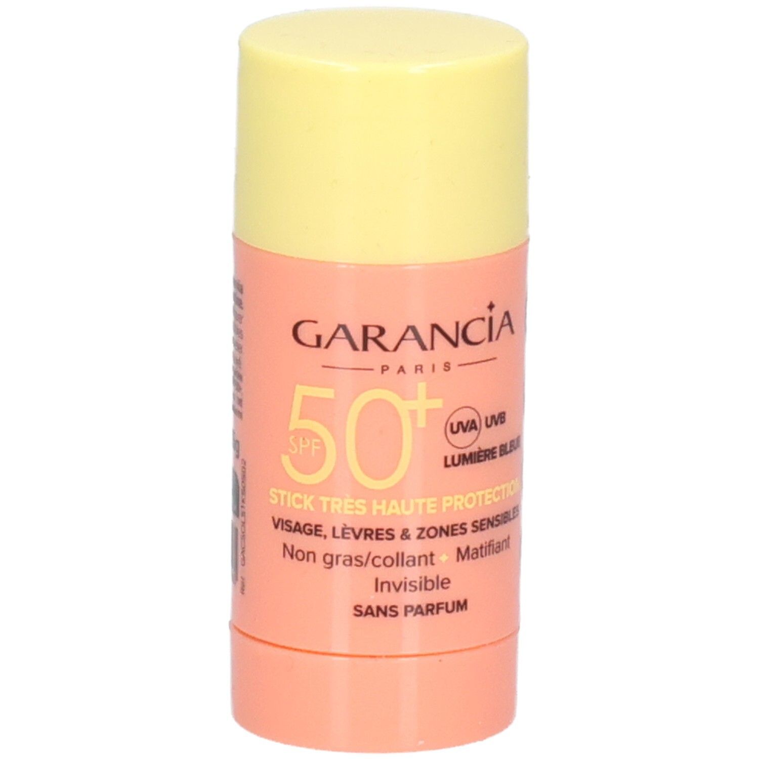 Sonnenschutz-Stick mit gelbem Deckel und rosafarbenem Behälter. Text: GARANCIA, SPF 50+, STICK TRES HAUTE PROTECTION.