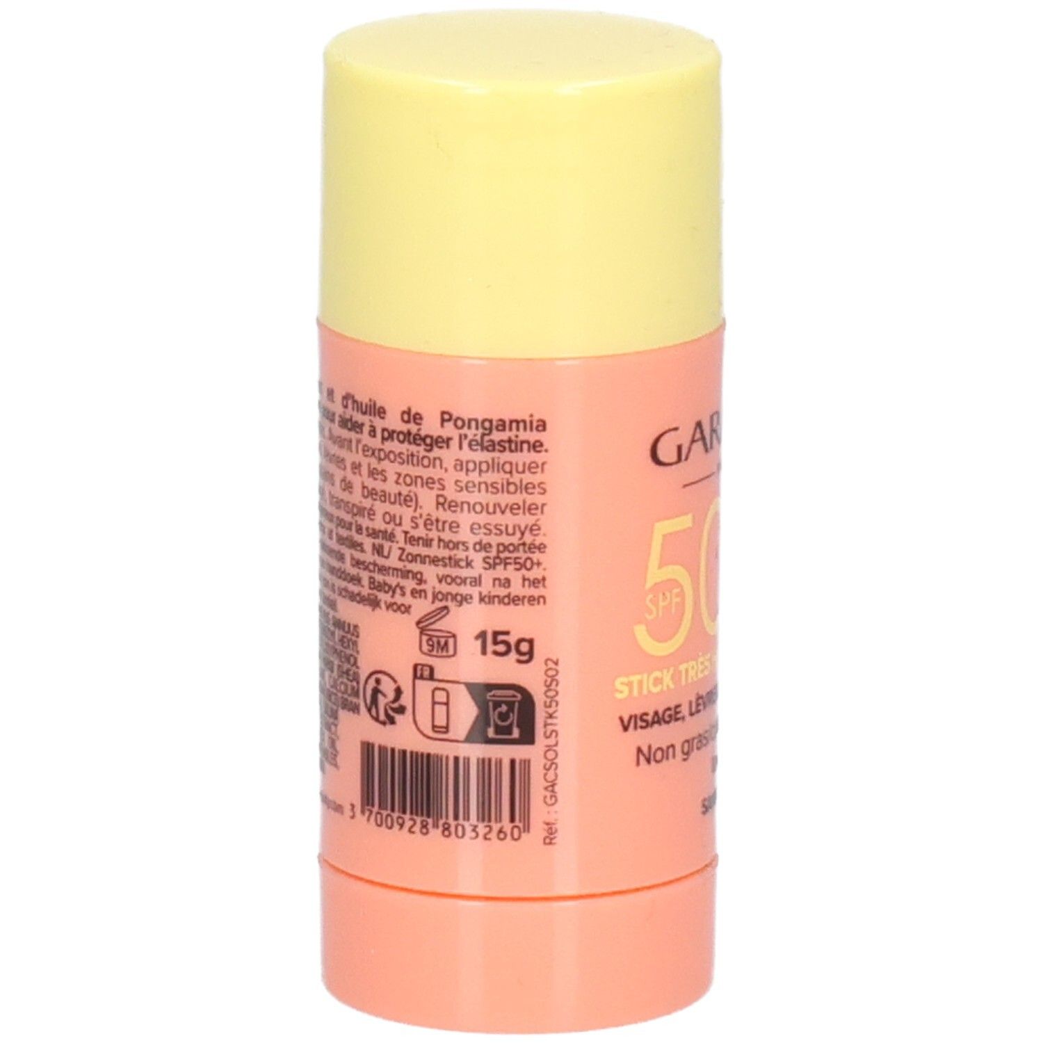 Sonnenschutz-Stick mit gelbem Deckel und rosafarbenem Behälter. Text: 15g, Inhaltsstoffe, Anwendungshinweise, Barcode.