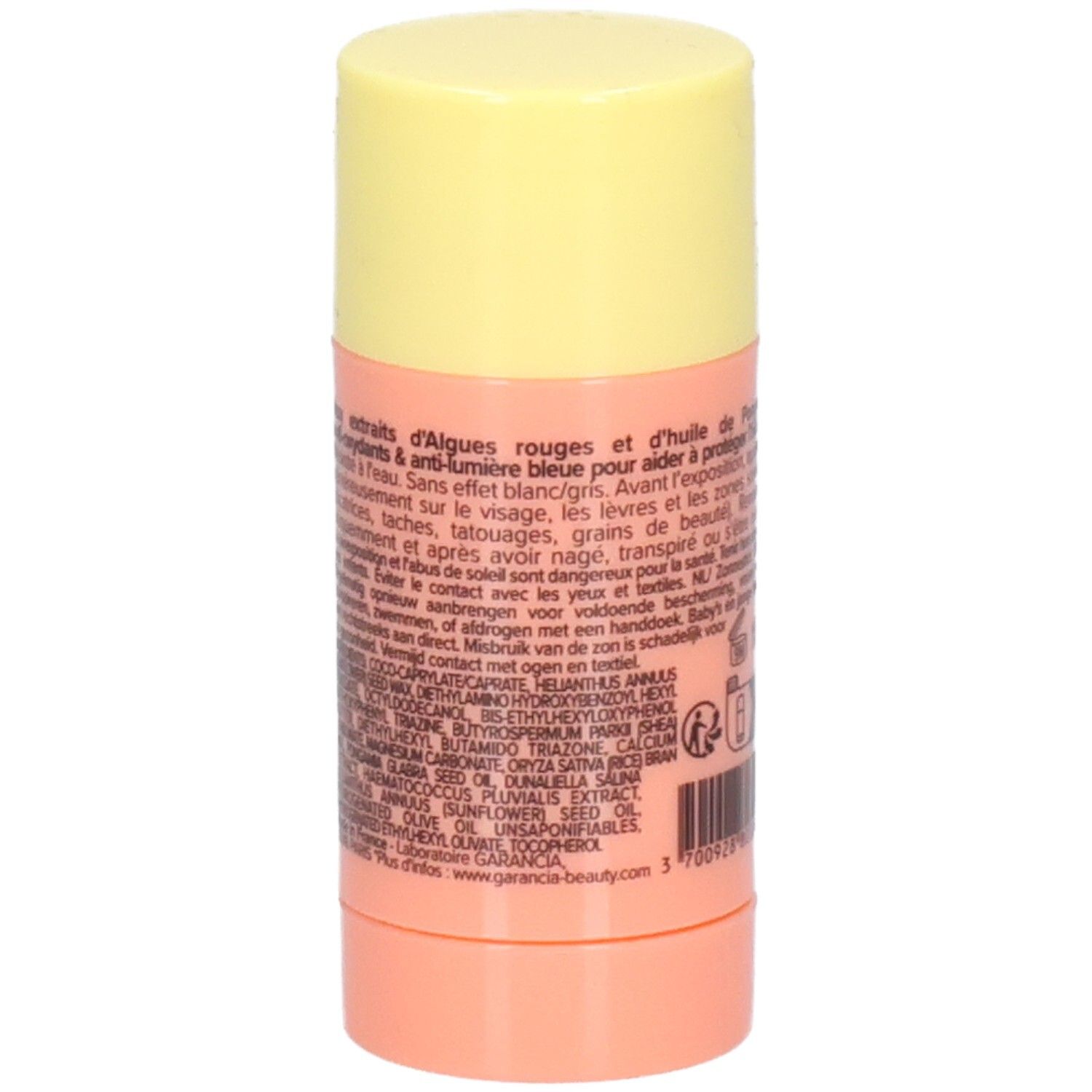 Sonnenschutz-Stick mit gelbem Deckel und rosafarbenem Behälter. Text: Inhaltsstoffe, Anwendungshinweise, GARANCIA-beauty.com.