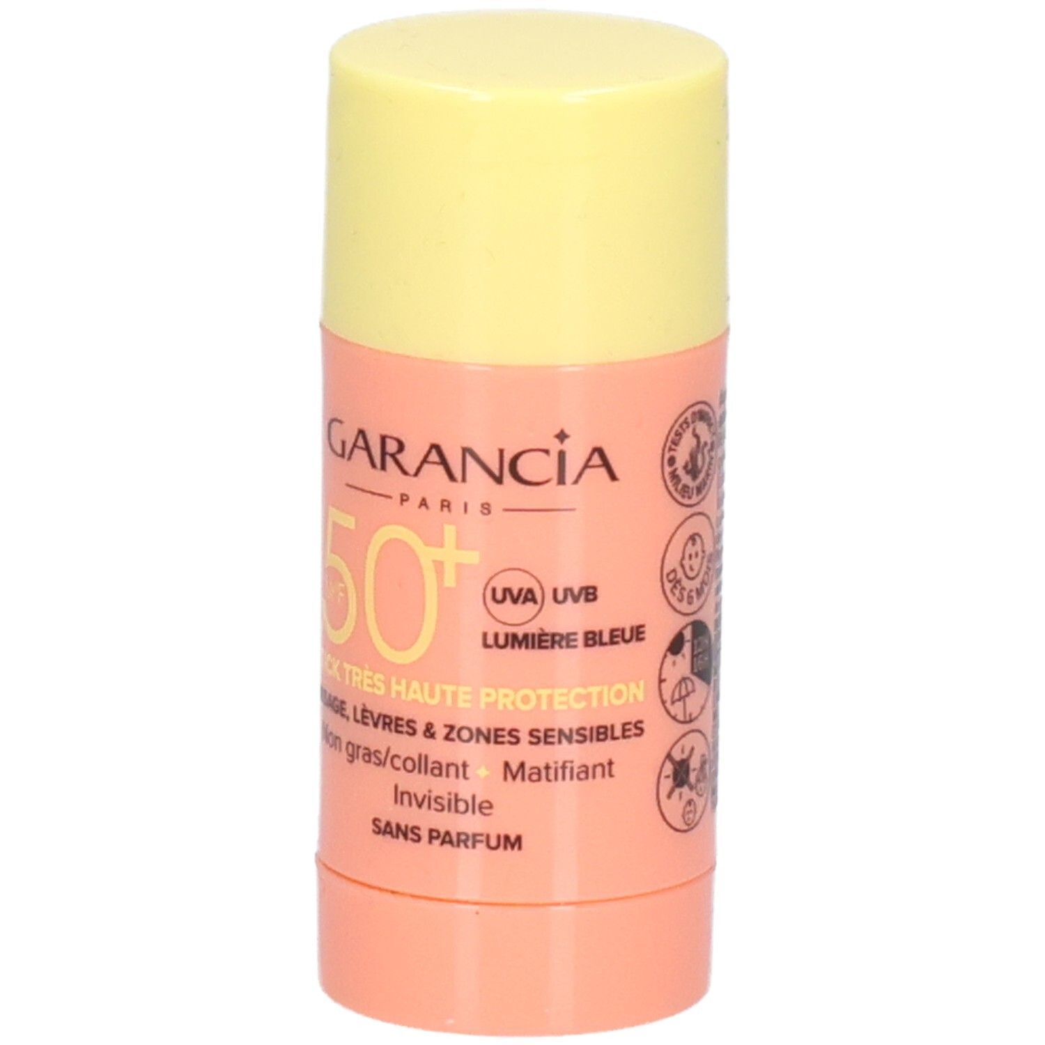 Sonnenschutz-Stick mit gelbem Deckel und rosafarbenem Behälter. Text: GARANCIA, SPF 50+, STICK TRES HAUTE PROTECTION.
