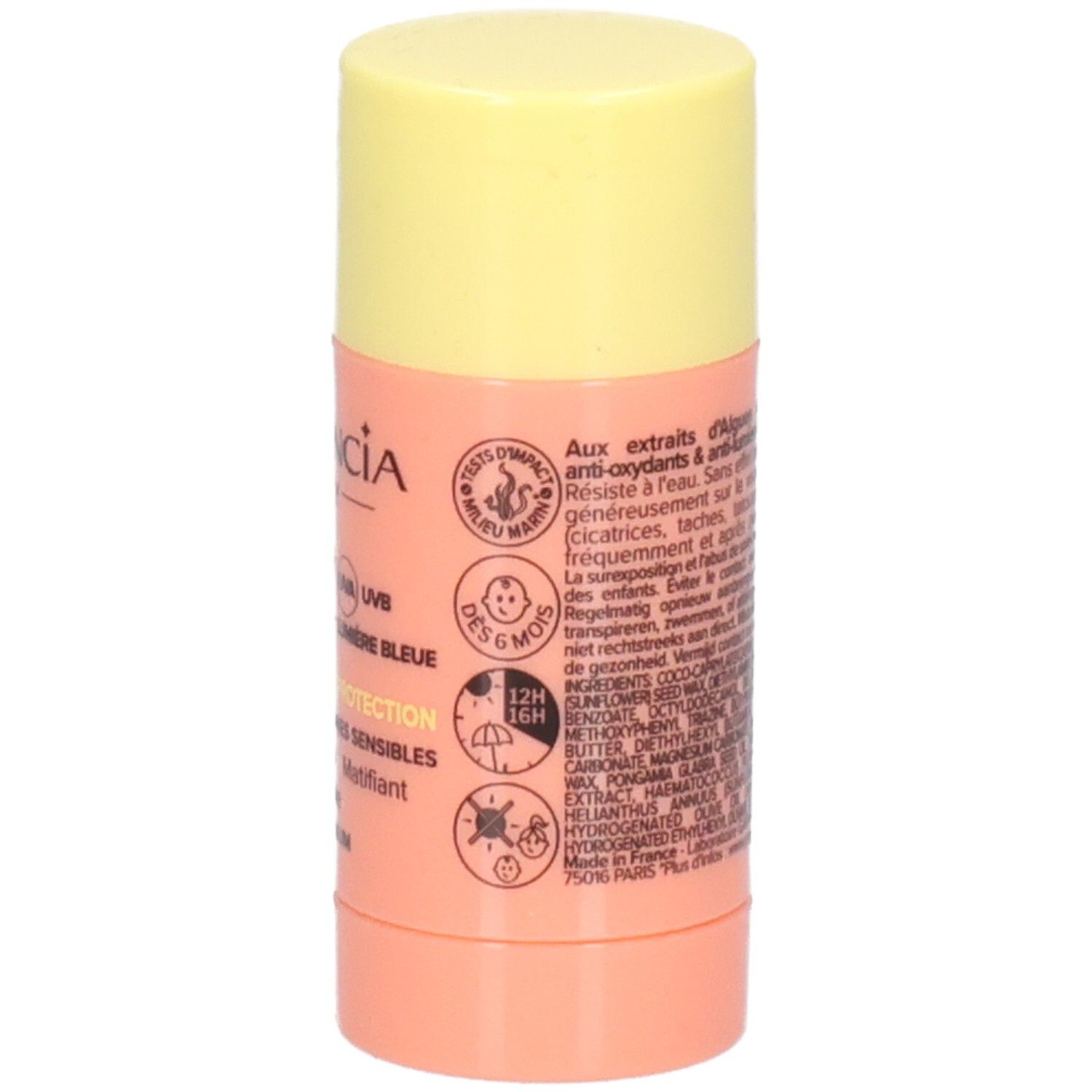 Sonnenschutz-Stick mit gelbem Deckel und rosafarbenem Behälter. Text: GARANCIA, SPF 50+, 12H 16H, DES 6 MOIS.