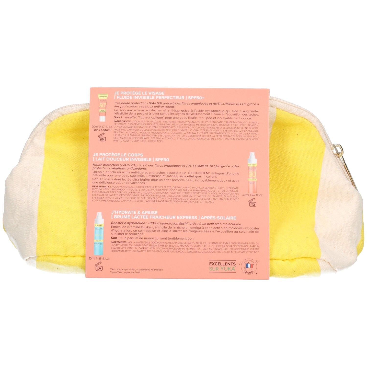 Rückseite des GARANCIA Sets: Informationen zu drei Sonnenschutzprodukten, Kosmetiktasche.