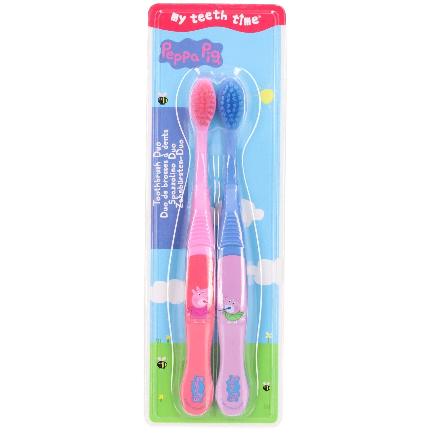 Zwei Peppa Pig Zahnbürsten, eine pink, eine blau, in Blisterverpackung.