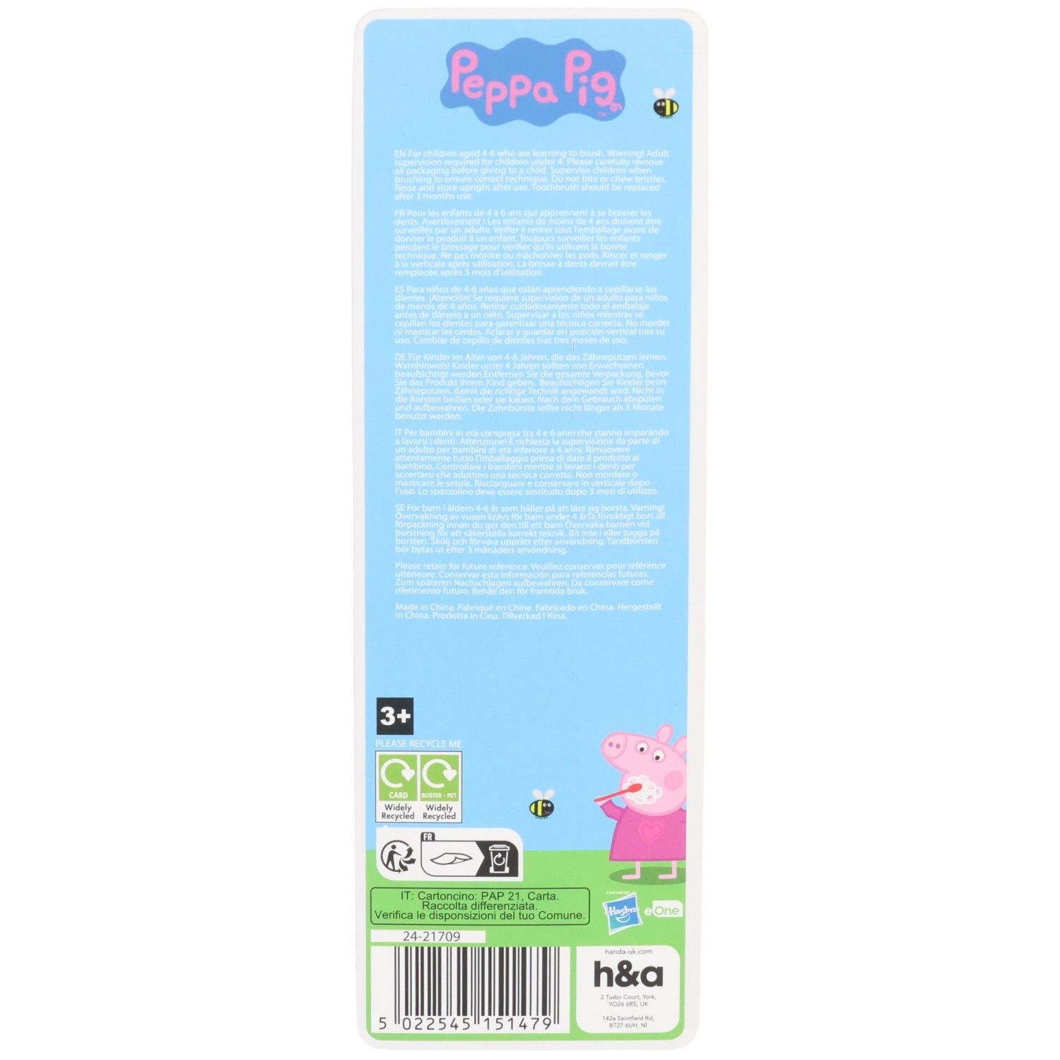Rückseite einer Peppa Pig Zahnbürsten-Verpackung mit Produktinformationen und Altersempfehlung 3+.