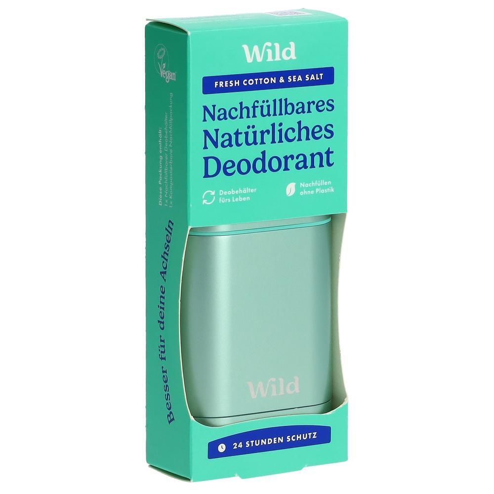 Nachfüllbares Deodorant im mintgrünen Behälter mit türkisfarbenem Deckel, verpackt in einem mintgrünen Karton.