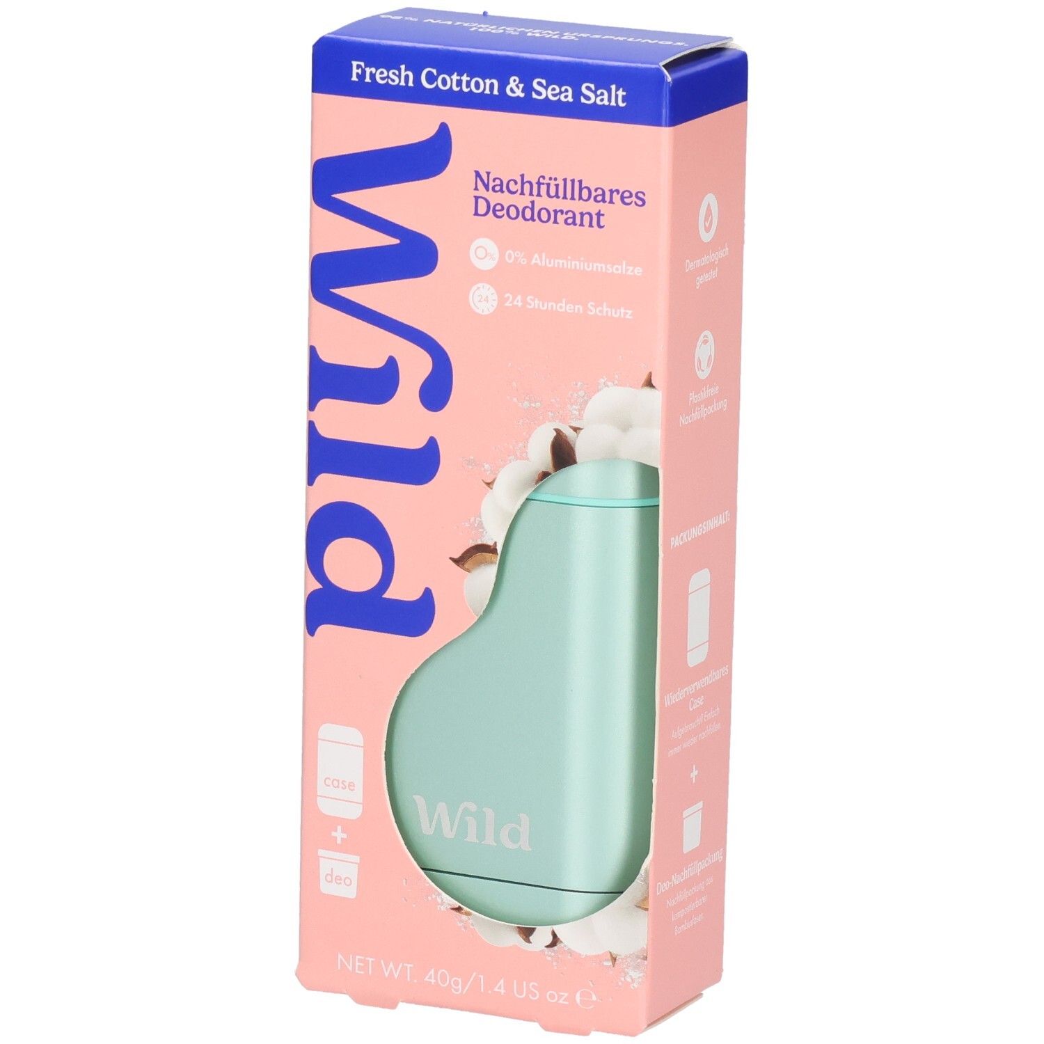 Nachfüllbares Deodorant im mintgrünen Behälter, verpackt in einer rosa Schachtel mit Baumwoll-Motiv.