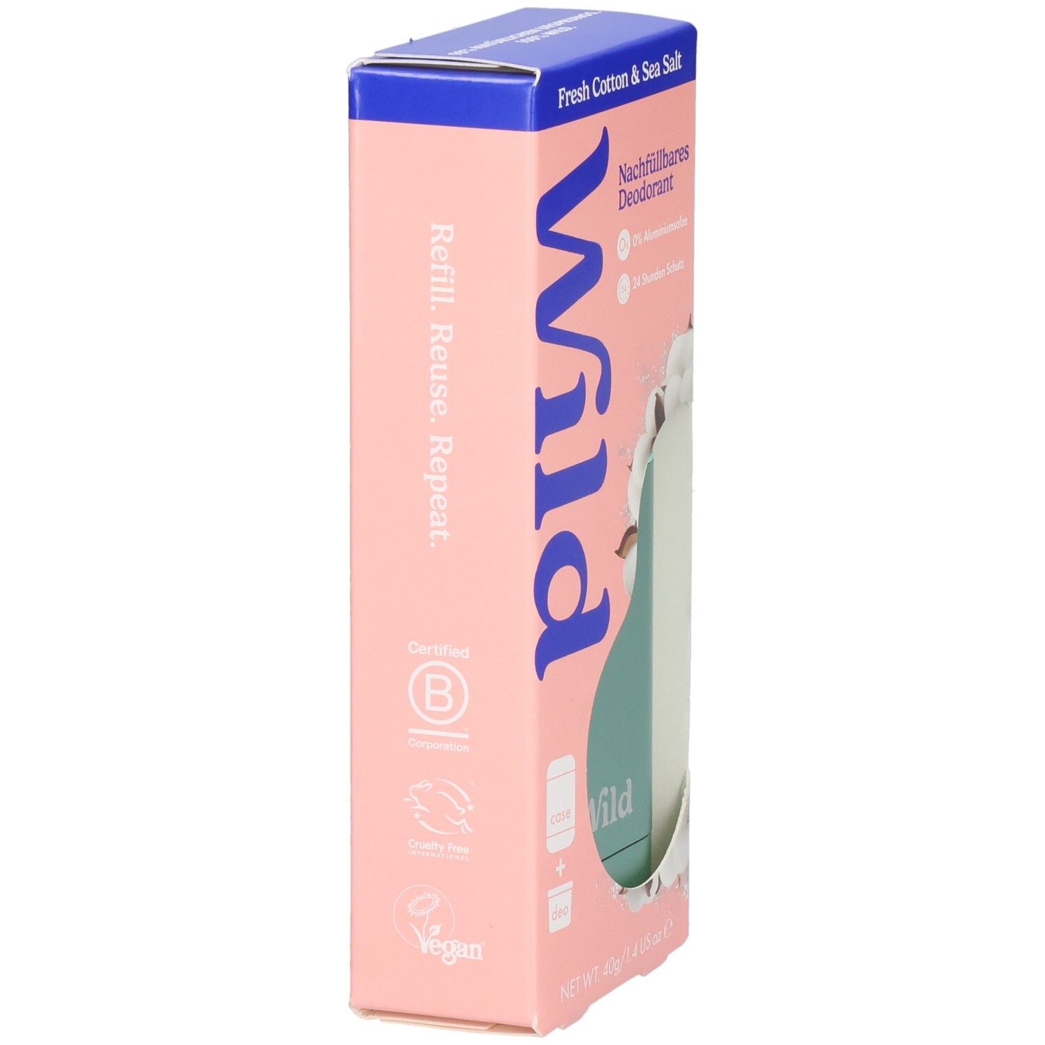 Nachfüllbares Deodorant im mintgrünen Behälter, verpackt in einer rosa Schachtel mit Baumwoll-Motiv.