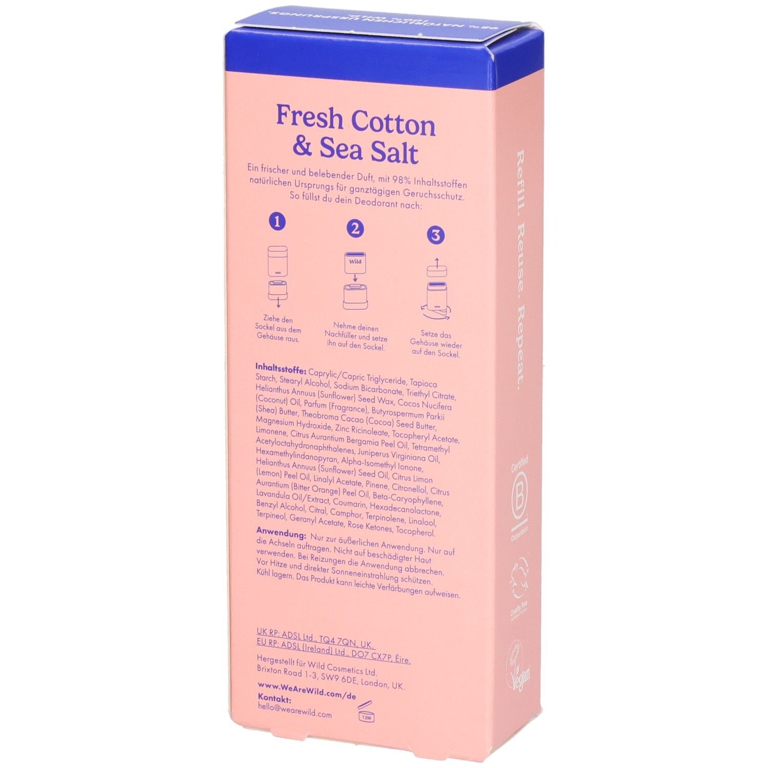 Nachfüllbares Deodorant im mintgrünen Behälter, verpackt in einer rosa Schachtel mit Baumwoll-Motiv.