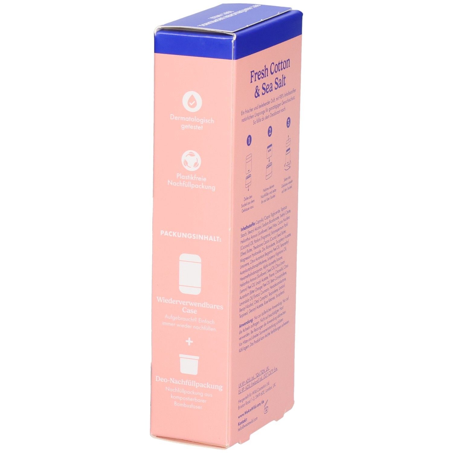 Rückseite einer rosa Schachtel für nachfüllbares Deodorant mit Anwendungsanleitung und Inhaltsstoffen.