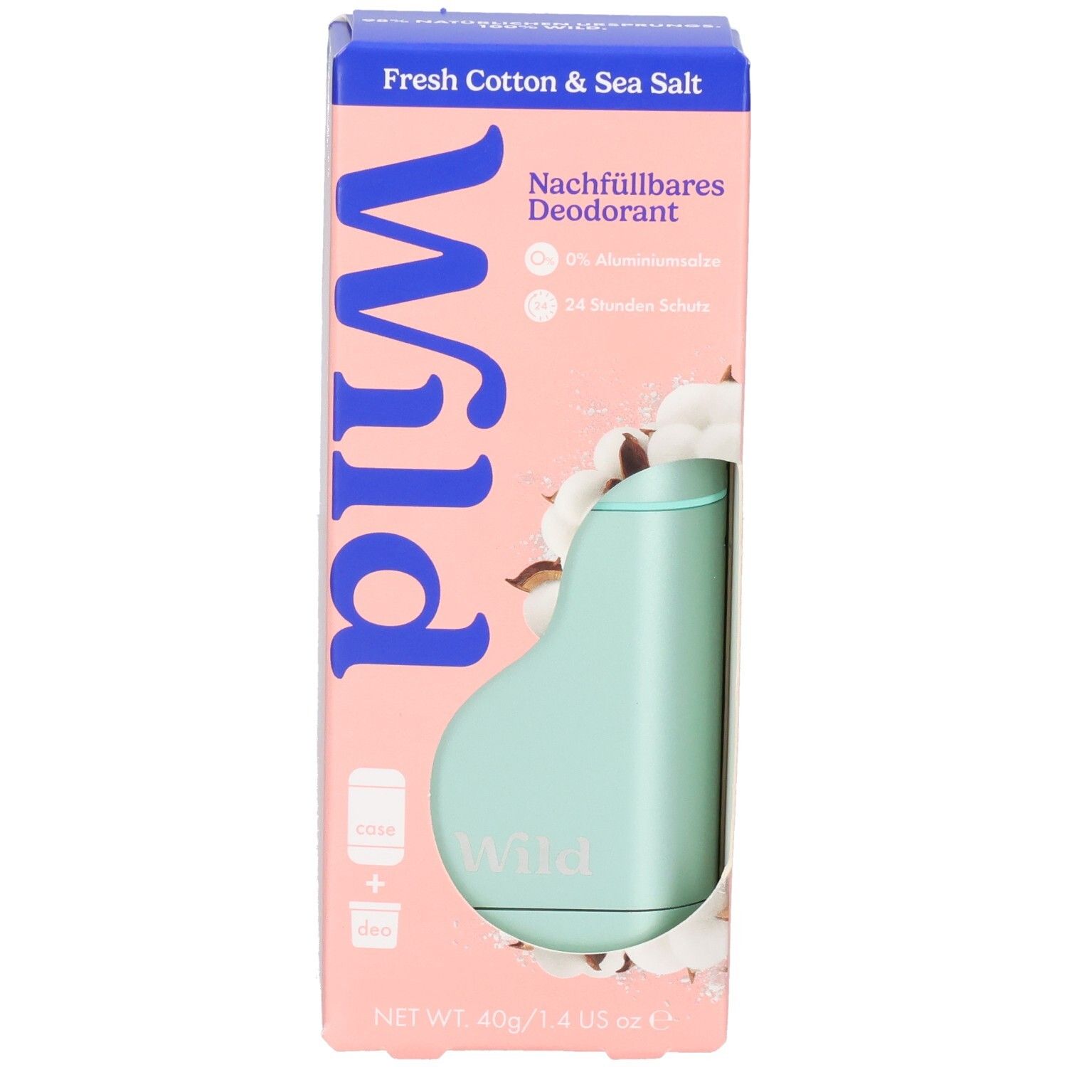 Seite einer rosa Schachtel für nachfüllbares Deodorant mit Siegeln und Hinweisen zur Wiederverwendung.