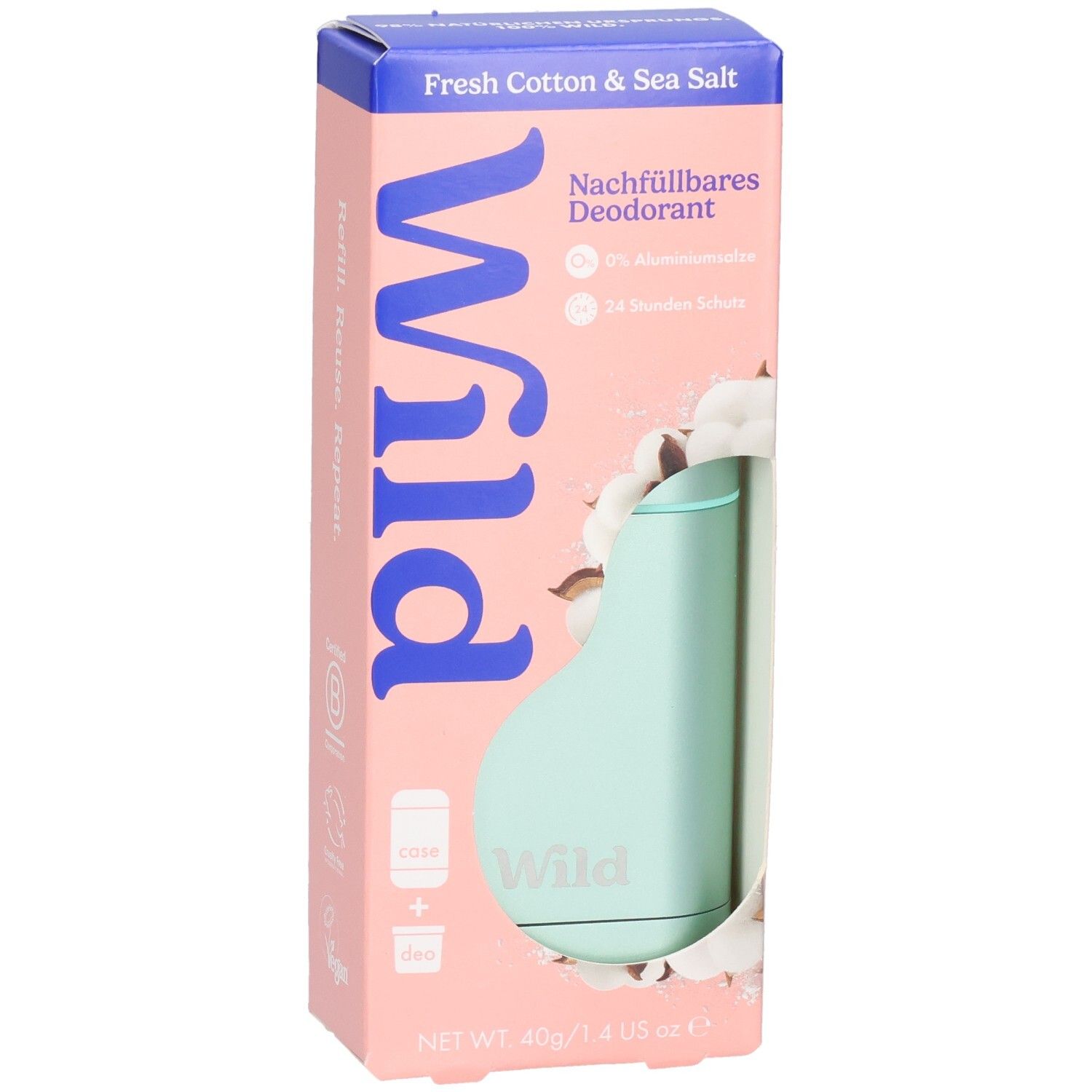 Nachfüllbares Deodorant im mintgrünen Behälter, verpackt in einer rosa Schachtel mit Baumwoll-Motiv.