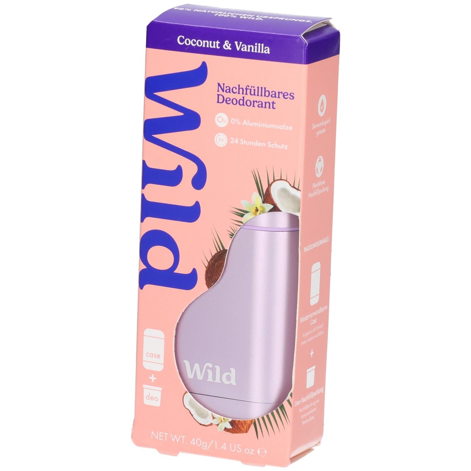 Nachfüllbares Deodorant, Kokos & Vanille. Lila Gehäuse mit Abbildungen von Kokosnuss und Vanilleblüten.