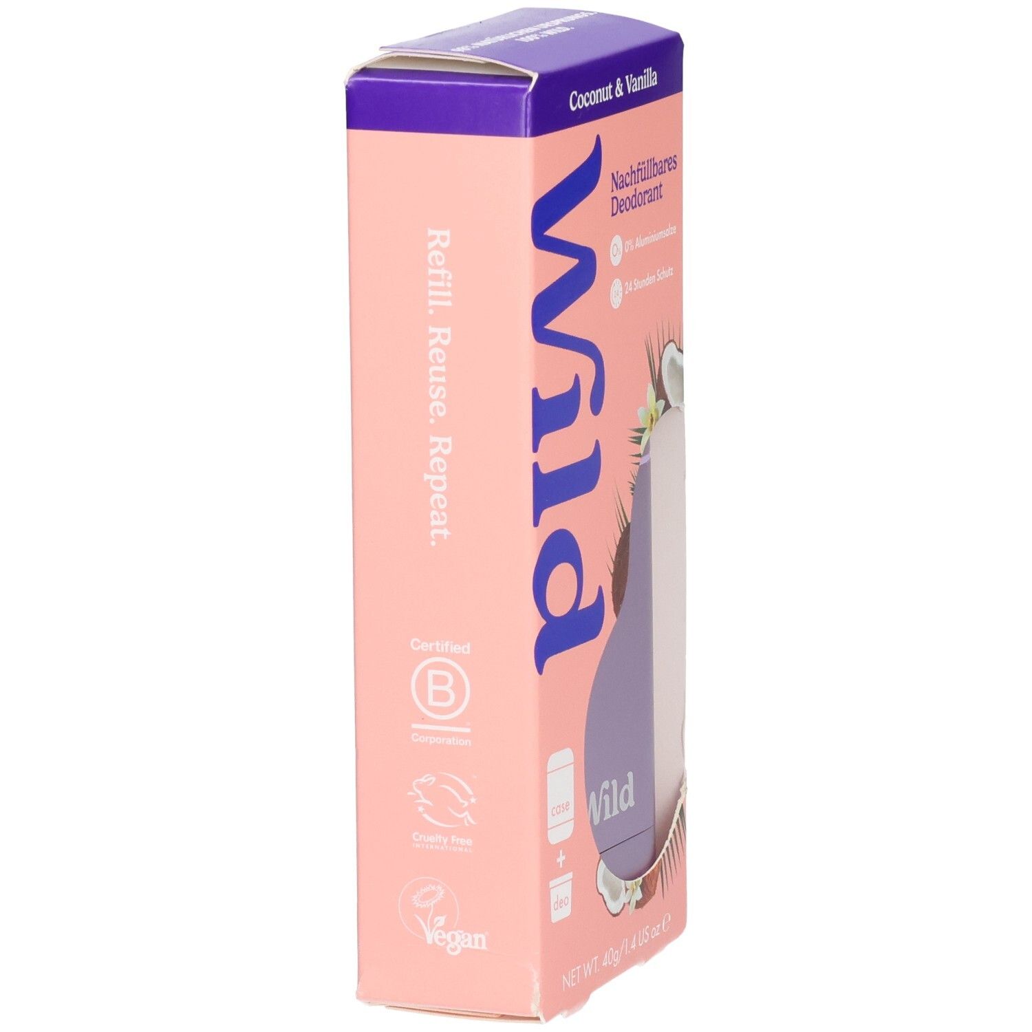Nachfüllbares Deodorant, Kokos & Vanille. Seitenansicht der Verpackung mit Text 'Refill. Reuse. Repeat.'