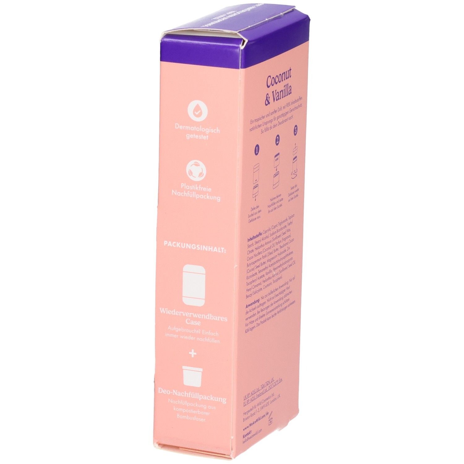 Nachfüllbares Deodorant, Kokos & Vanille. Seitenansicht der Verpackung mit Siegeln und Anwendungshinweisen.