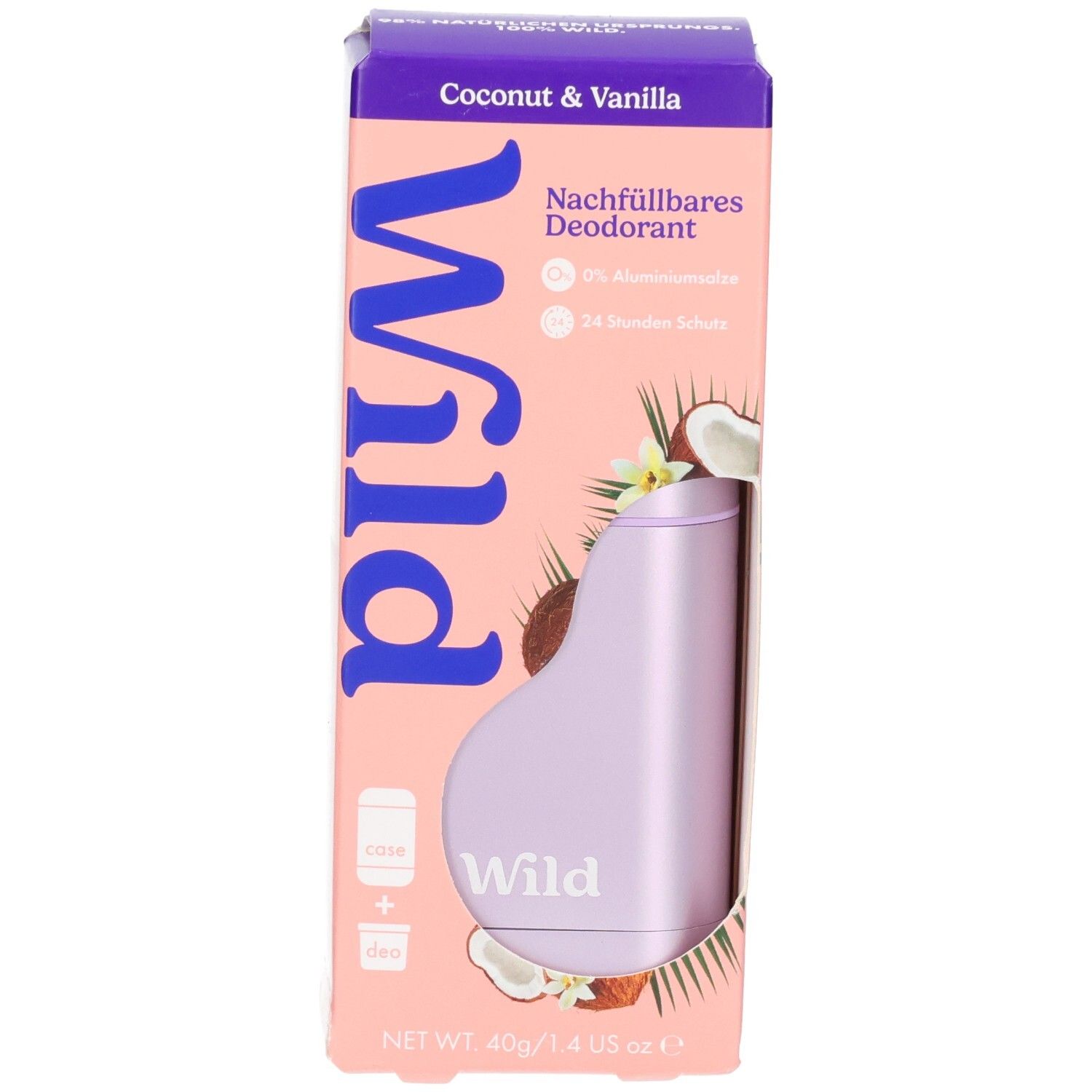 Nachfüllbares Deodorant, Kokos & Vanille. Vorderseite der Verpackung mit lila Gehäuse und Duftabbildungen.
