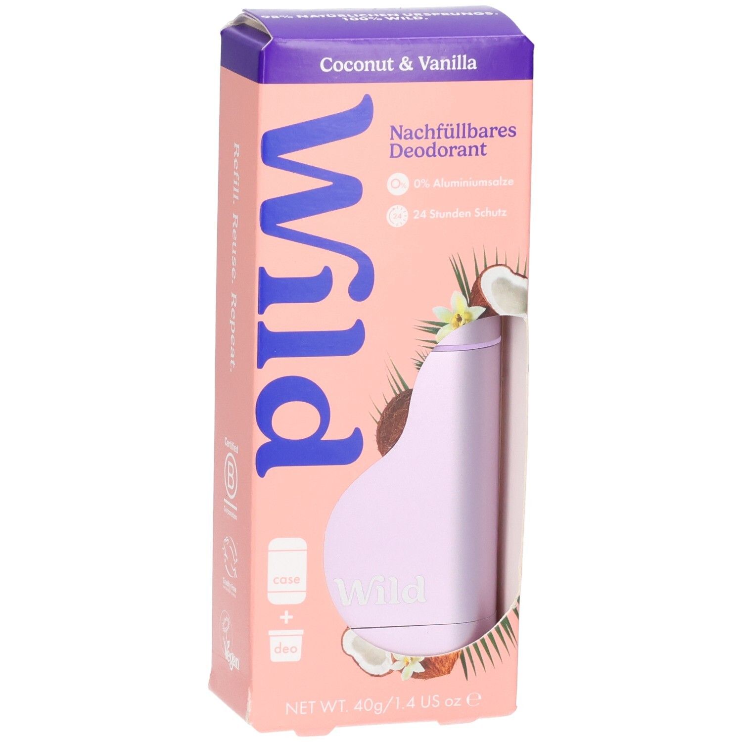 Nachfüllbares Deodorant, Kokos & Vanille. Verpackung zeigt lila Gehäuse, Kokosnuss und Vanilleblüten.