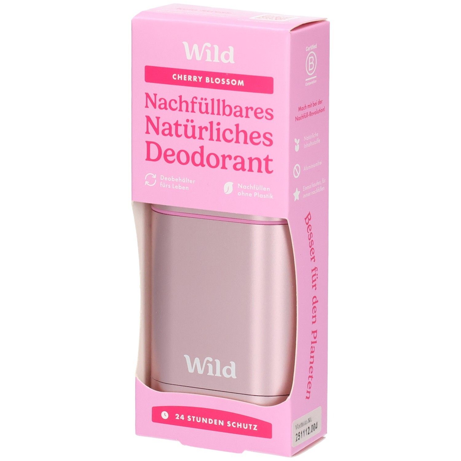 Rosa Nachfüllbares Deodorant im Karton mit Cherry Blossom Aufschrift. Siegel B Corp.