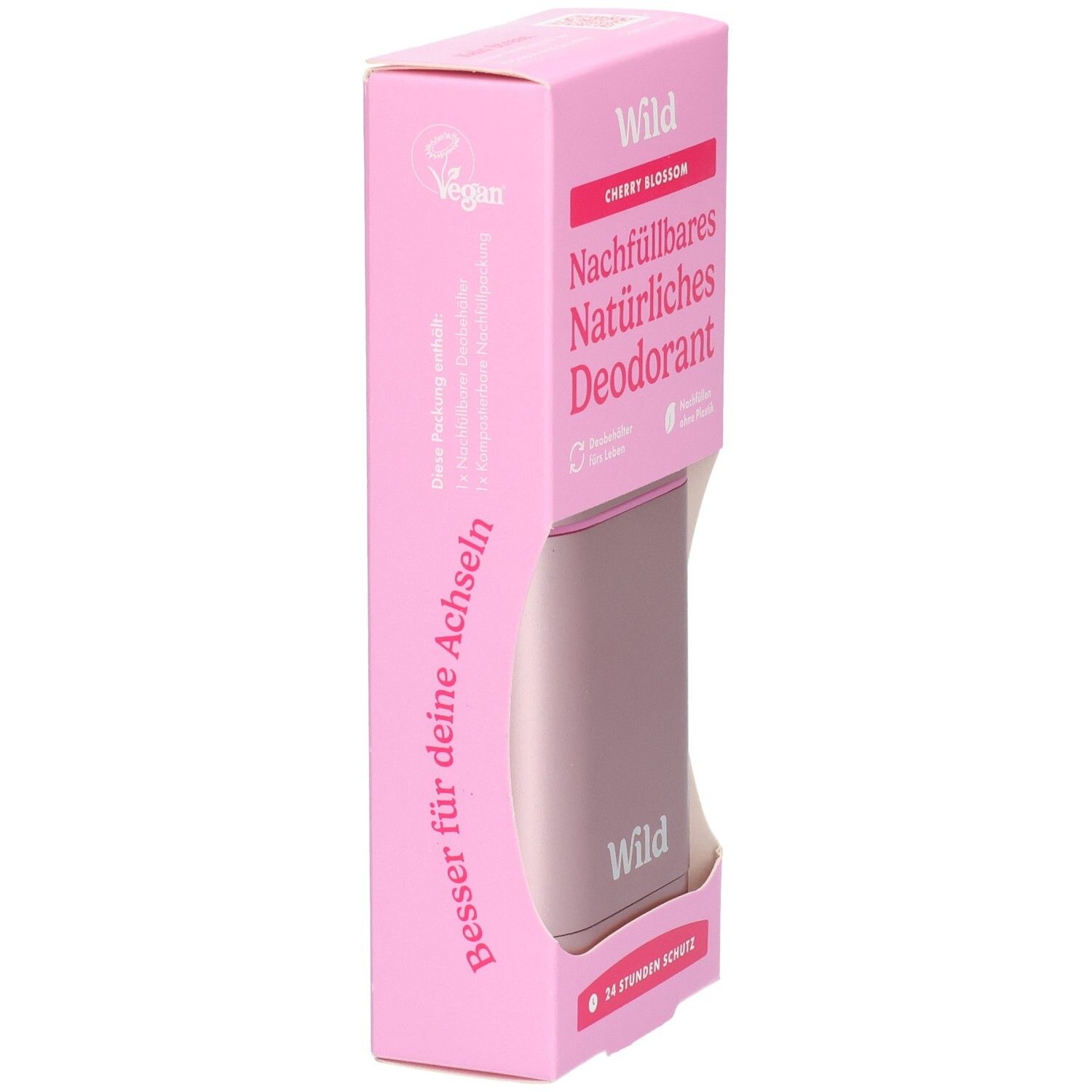 Rosa Nachfüllbares Deodorant im Karton mit Cherry Blossom Aufschrift. Vegan Siegel.