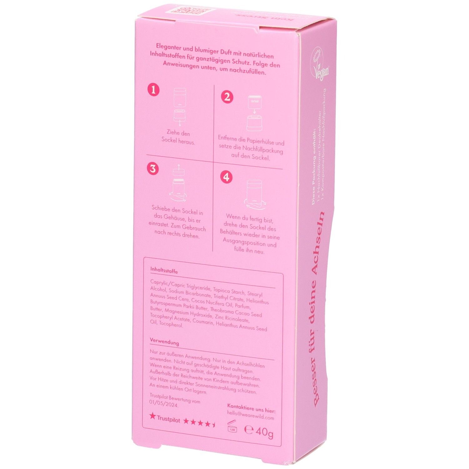 Rückseite der Verpackung: Anleitung zur Nachfüllung und Inhaltsstoffe. 40g.