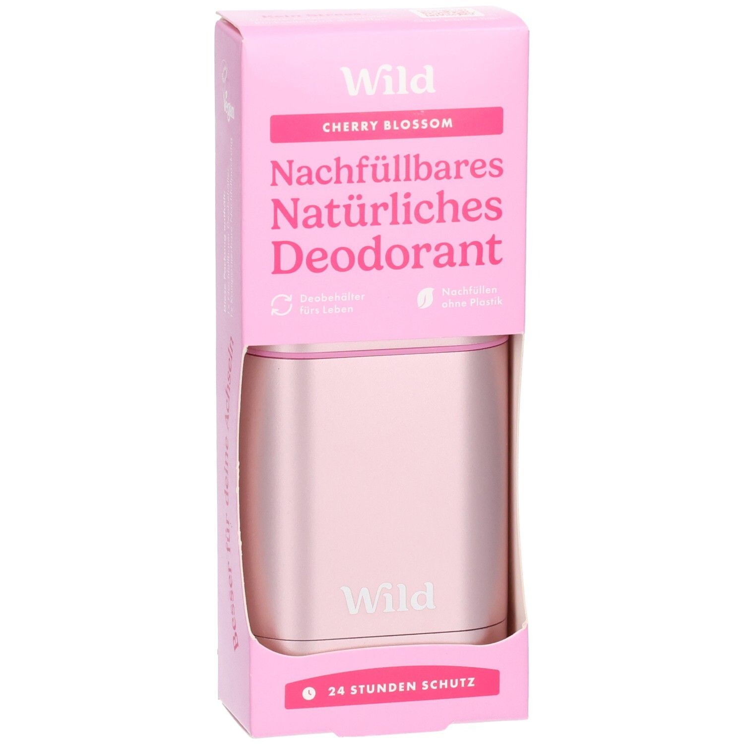 Rosa Nachfüllbares Deodorant im Karton mit Cherry Blossom Aufschrift. 24 Stunden Schutz.