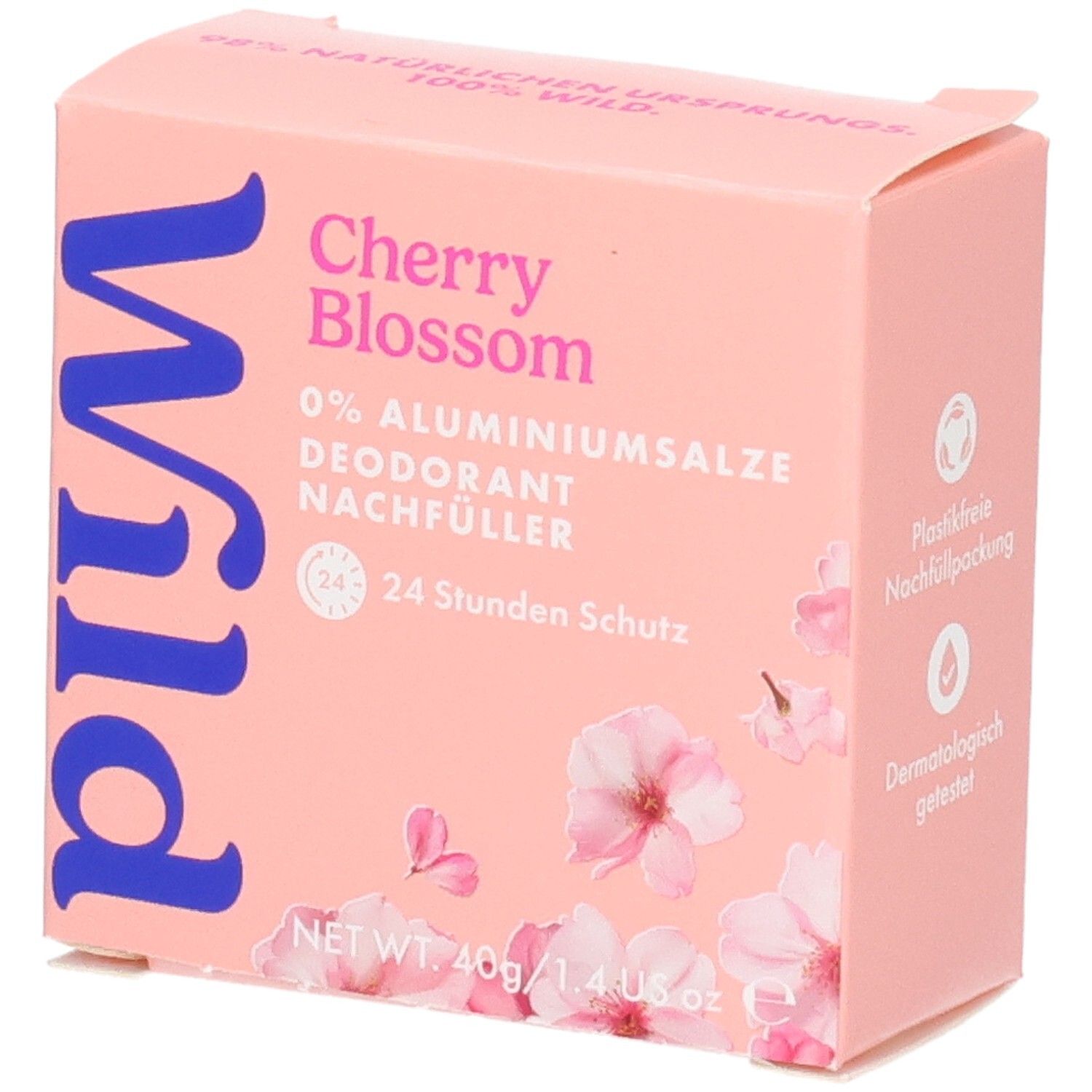 Verpackung für Wild Deo Stick Nachfüllpack Cherry Blossom, 40g. "0% Aluminiumsalze" und "24 Stunden Schutz" sind aufgedruckt.
