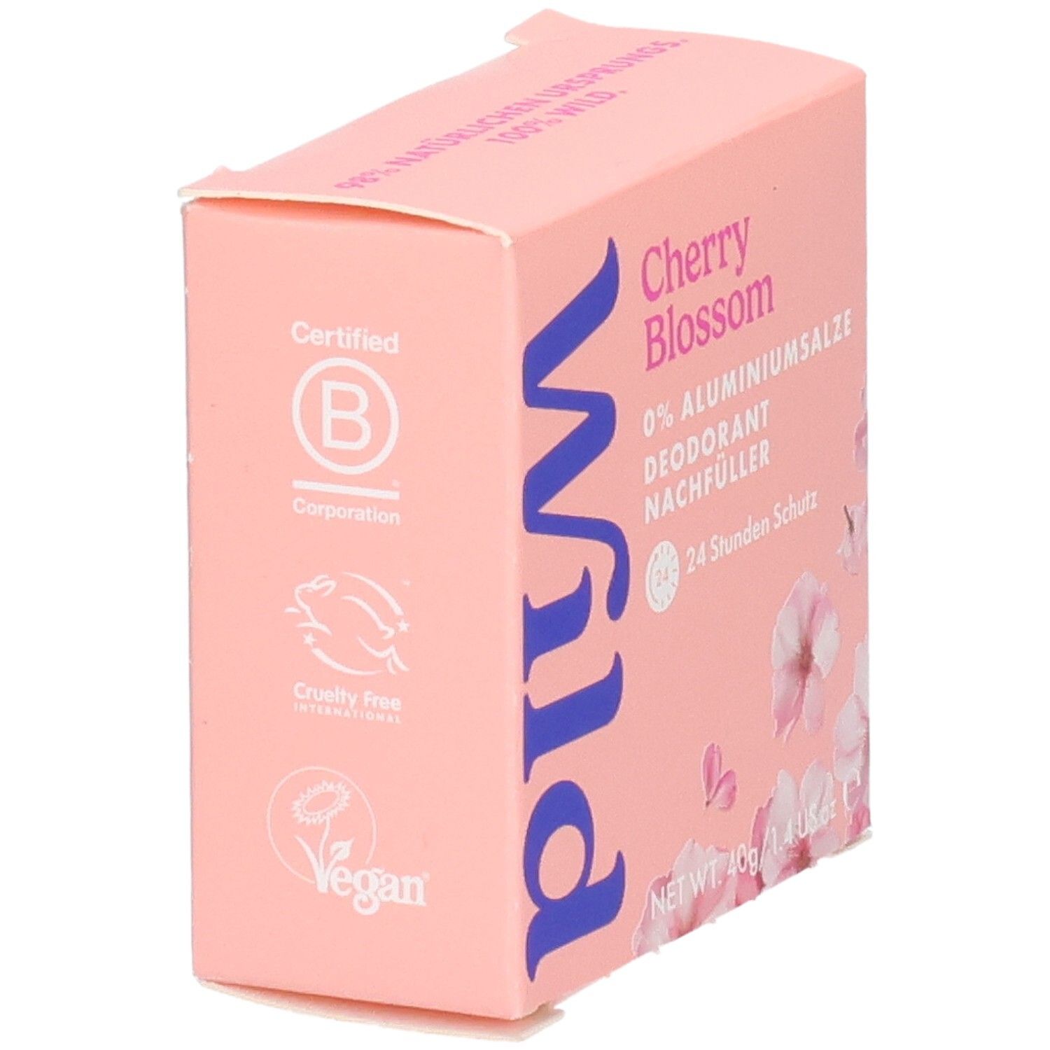 Verpackung für Wild Deo Stick Nachfüllpack Cherry Blossom, 40g. "0% Aluminiumsalze" und "24 Stunden Schutz" sind aufgedruckt.