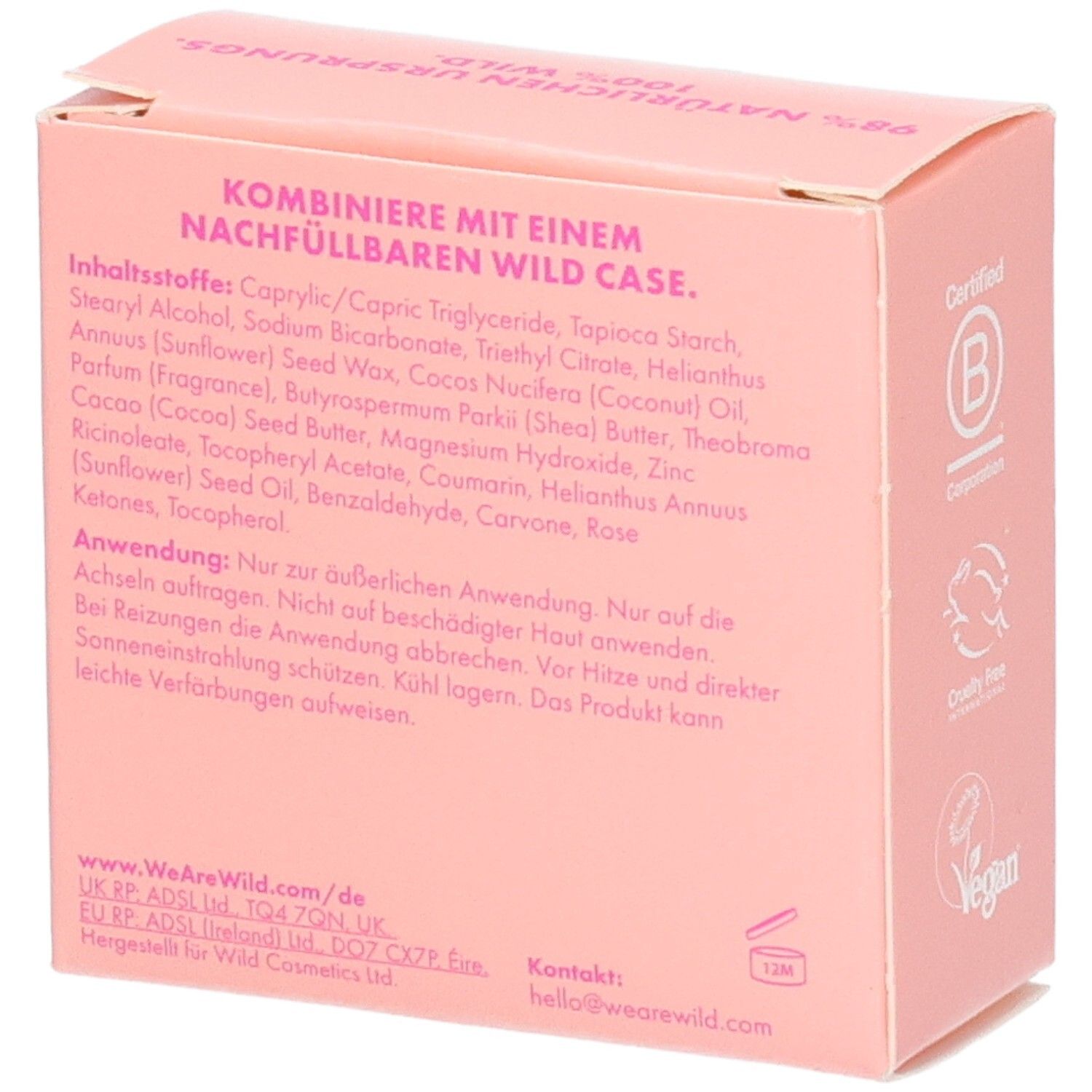 Verpackung für Wild Deo Stick Nachfüllpack Cherry Blossom, 40g. "0% Aluminiumsalze" und "24 Stunden Schutz" sind aufgedruckt.