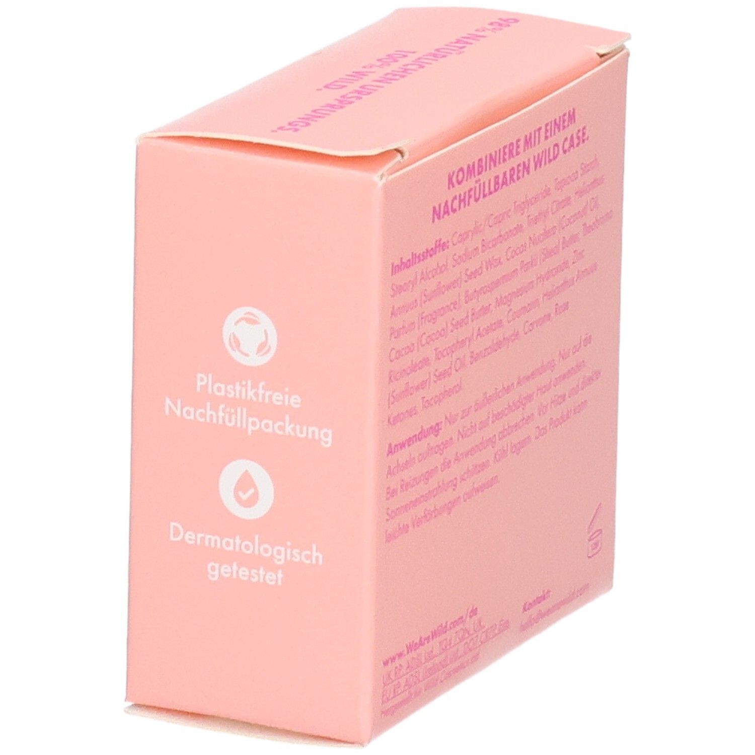 Verpackung für Wild Deo Stick Nachfüllpack Cherry Blossom, 40g. "0% Aluminiumsalze" und "24 Stunden Schutz" sind aufgedruckt.