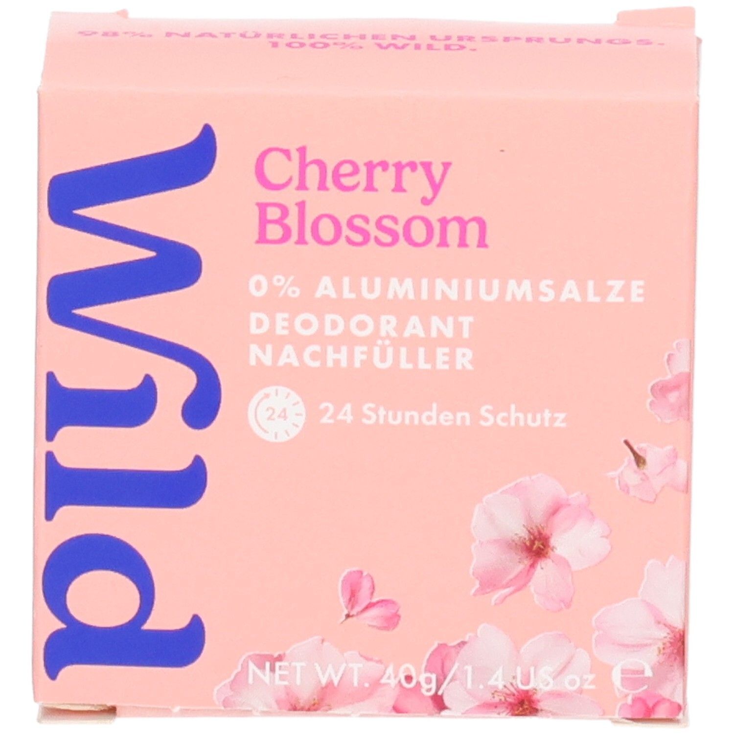 Verpackung für Wild Deo Stick Nachfüllpack Cherry Blossom, 40g. "0% Aluminiumsalze" und "24 Stunden Schutz" sind aufgedruckt.