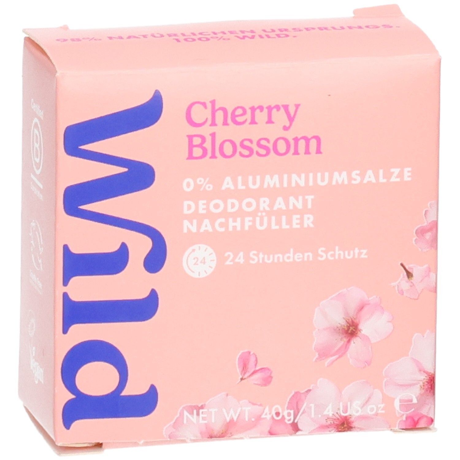 Verpackung für Wild Deo Stick Nachfüllpack Cherry Blossom, 40g. "0% Aluminiumsalze" und "24 Stunden Schutz" sind aufgedruckt.
