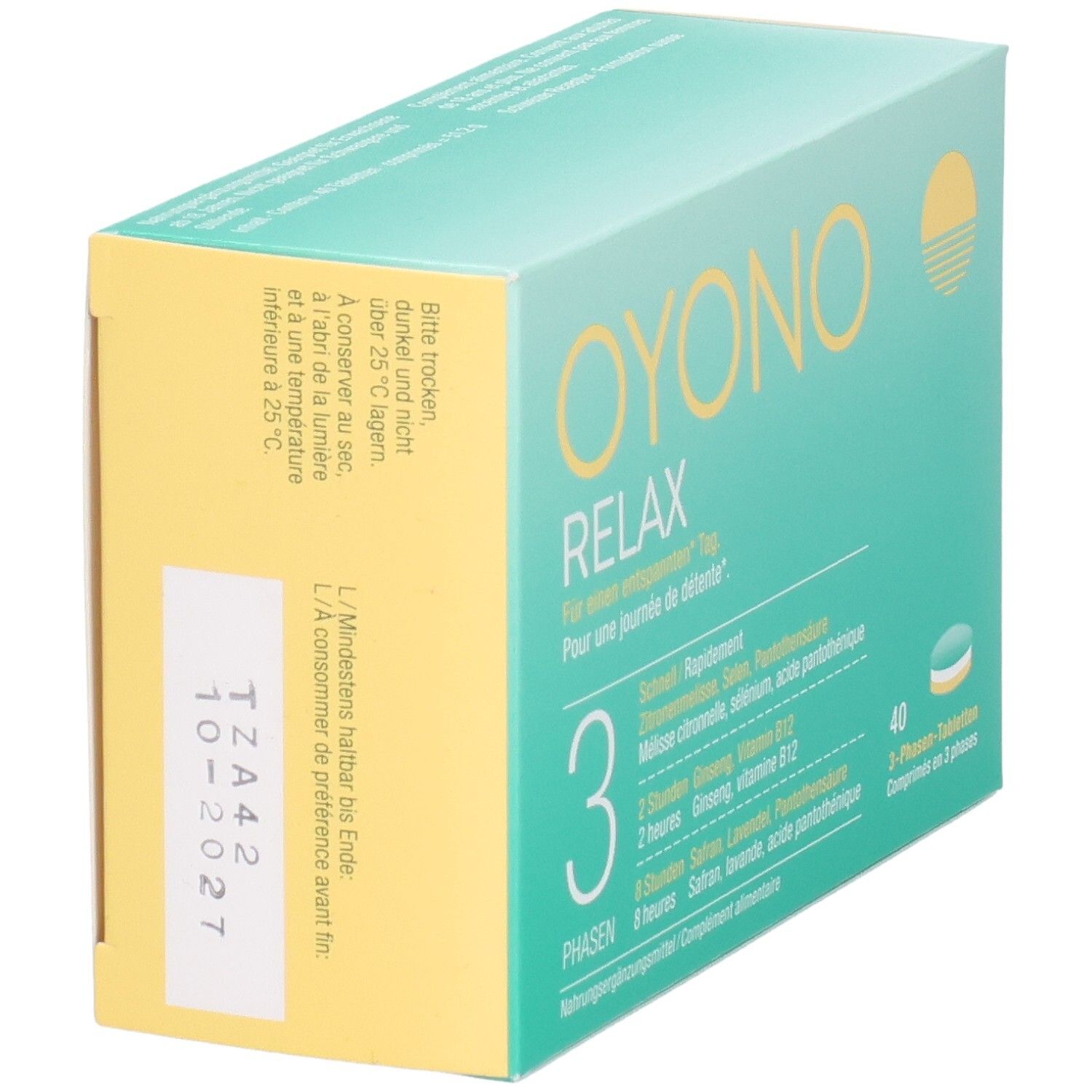 OYONO Relax 3-Phasen-Tabletten Verpackung, Rückseite mit Haltbarkeitsdatum.