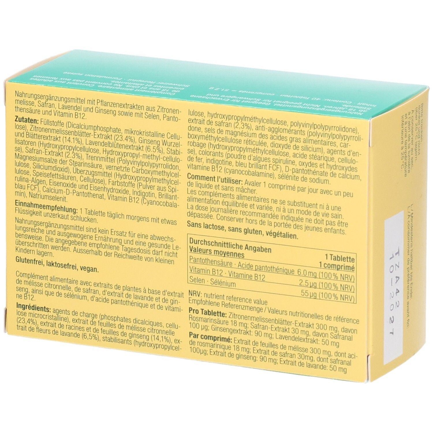OYONO Relax 3-Phasen-Tabletten Verpackung, Seitenansicht mit Zutatenliste.