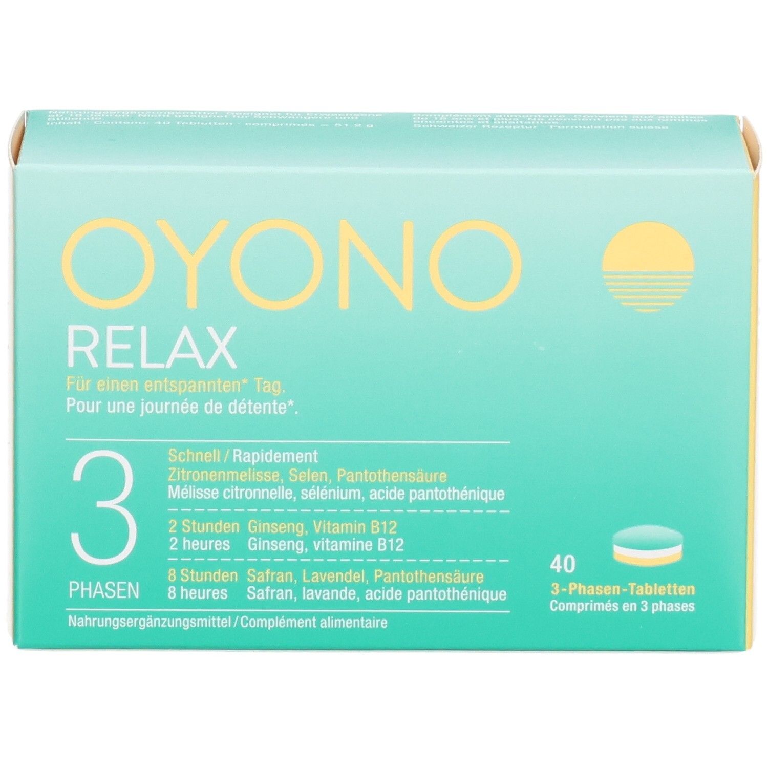 OYONO Relax 3-Phasen-Tabletten Verpackung, Vorderseite mit Produktinformationen.