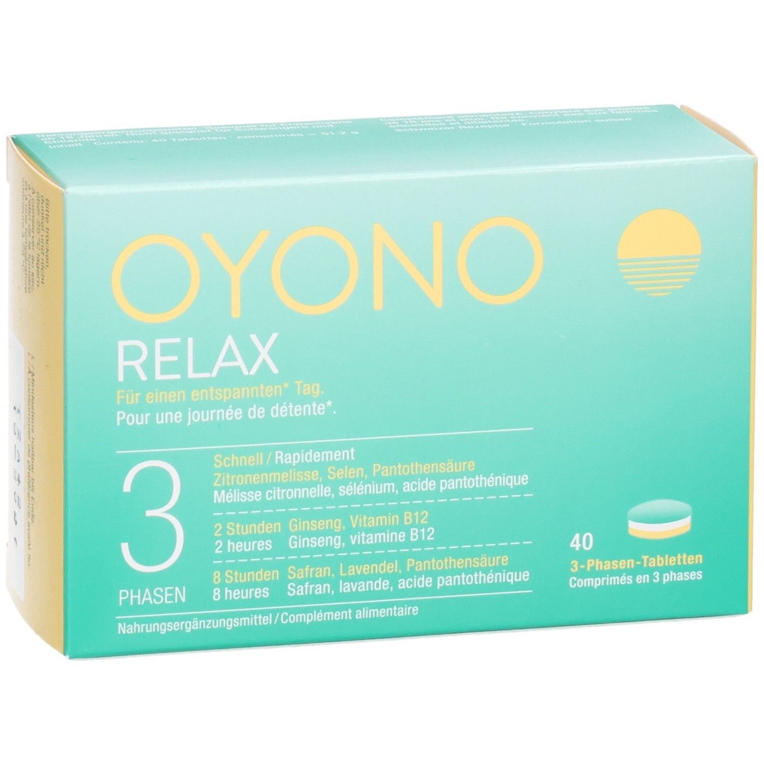 OYONO Relax 3-Phasen-Tabletten Verpackung, 40 Stück, mit Darstellung einer Tablette.