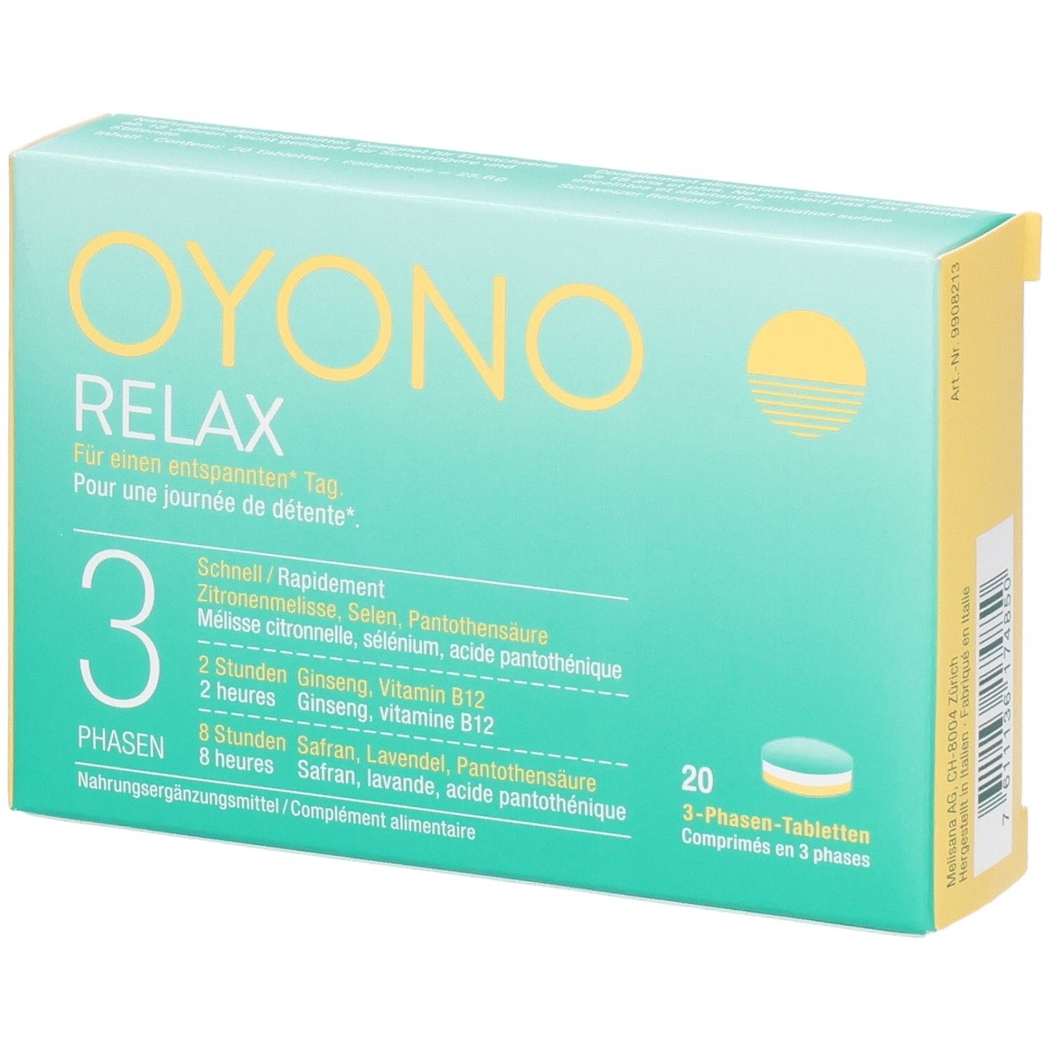 OYONO RELAX 3-Phasen-Tabletten Verpackung mit 20 Stück. Beschriftung auf Deutsch, Französisch.