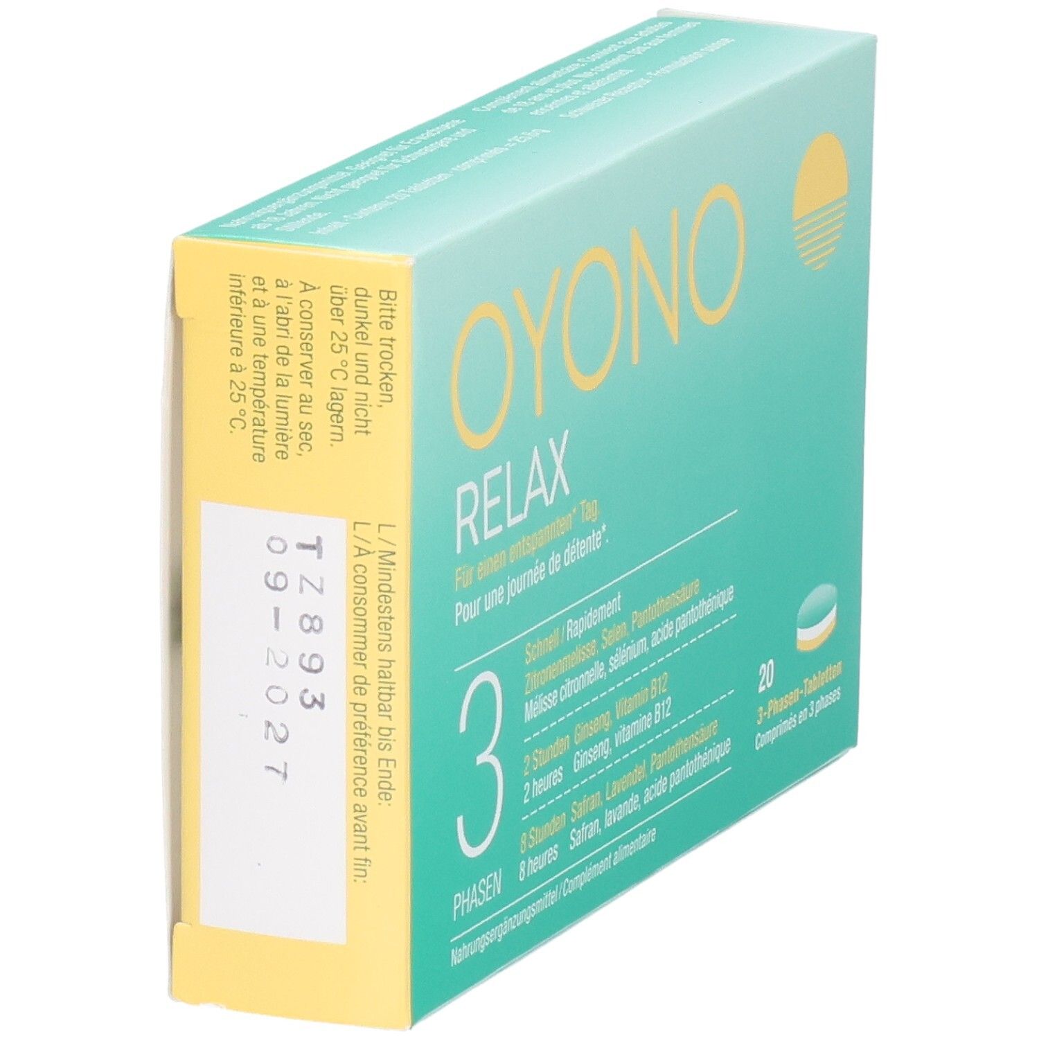 OYONO RELAX 3-Phasen-Tabletten Verpackung. Rückseite mit Lagerungshinweisen und Mindesthaltbarkeitsdatum.