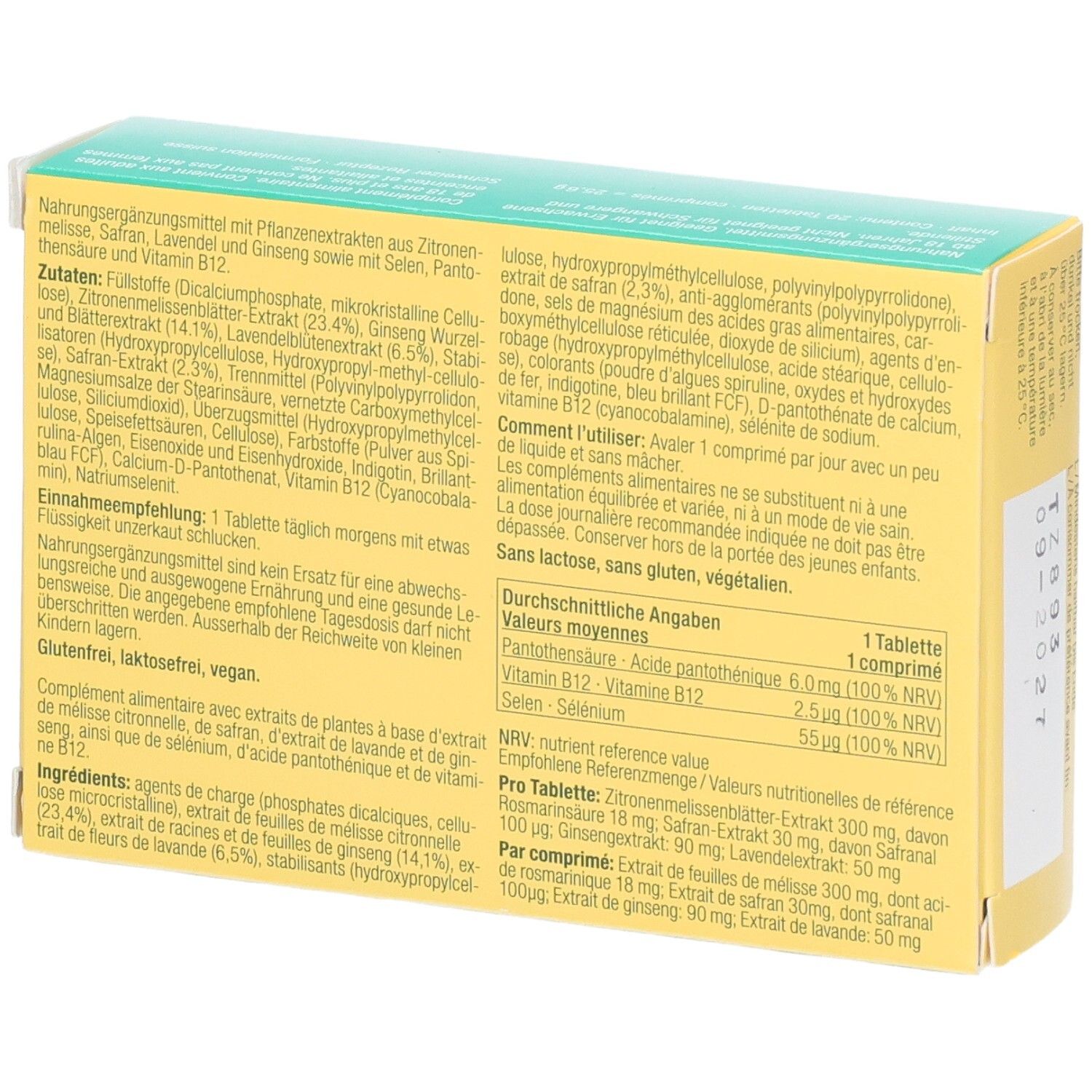 Rückseite der OYONO RELAX 3-Phasen-Tabletten Verpackung. Enthält Inhaltsstoffe und Nährwertangaben.