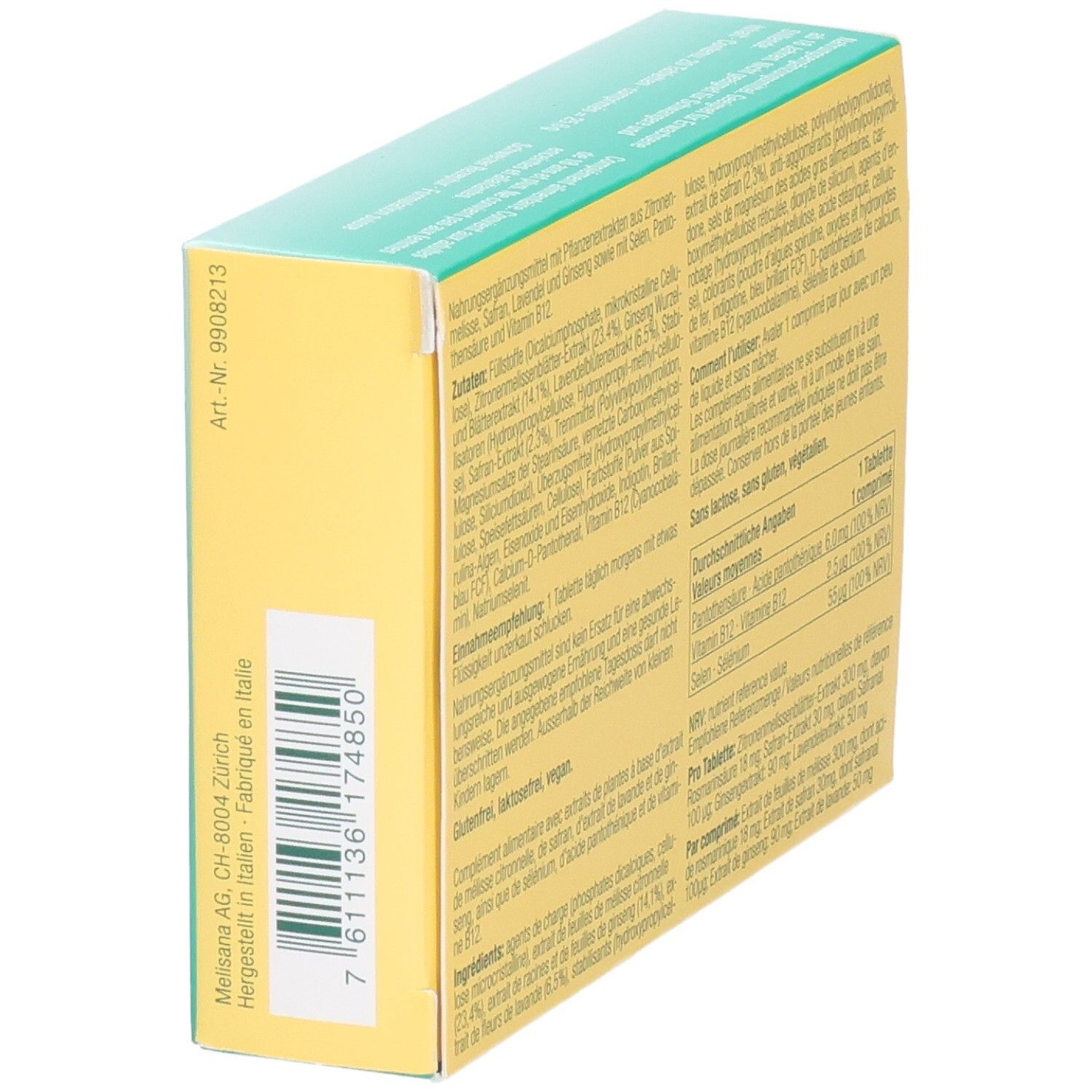 Seitenansicht der OYONO RELAX 3-Phasen-Tabletten Verpackung. Mit Artikelnummer und Barcode.