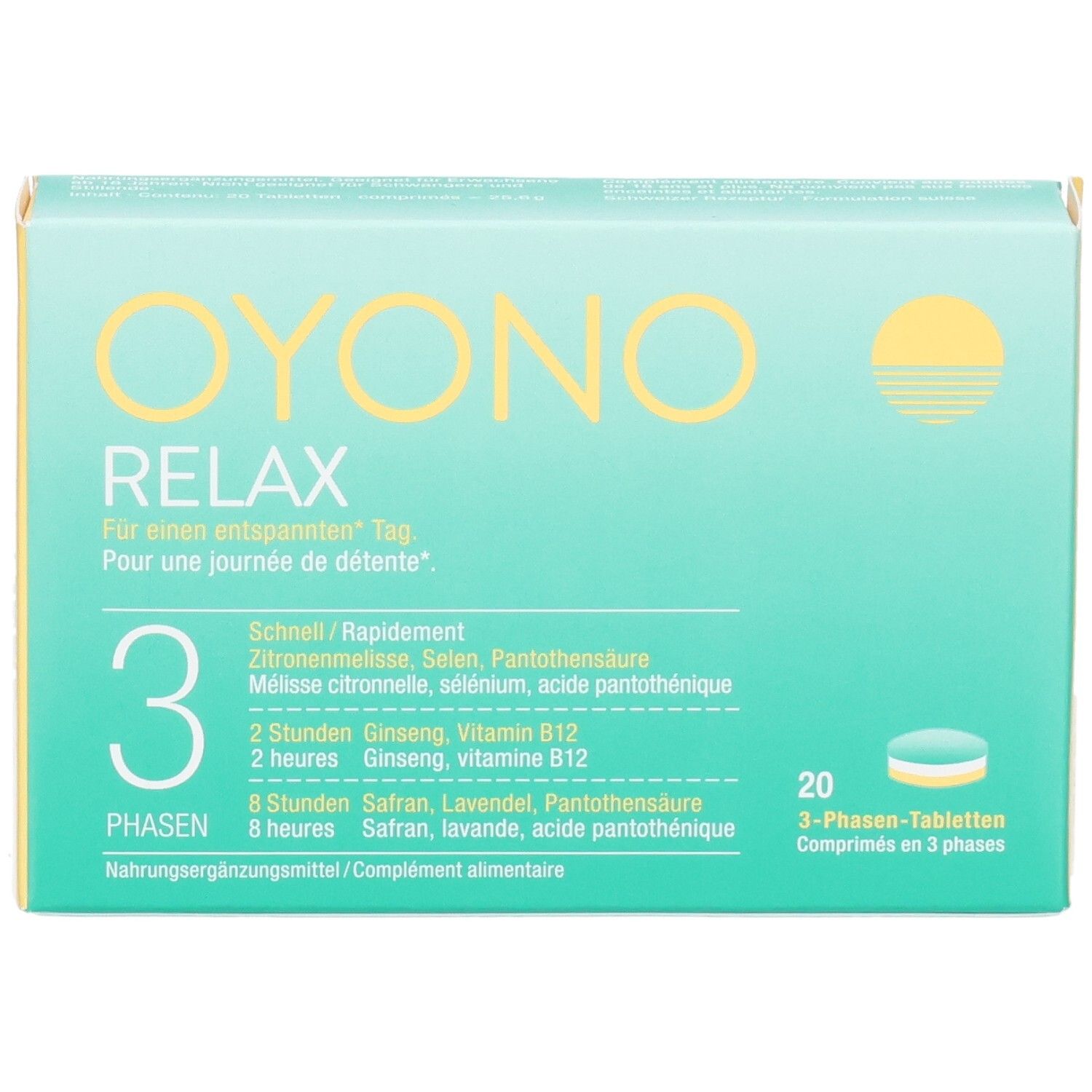 OYONO RELAX 3-Phasen-Tabletten Verpackung. Vorderseite mit Produktnamen und Phasen-Aufteilung.