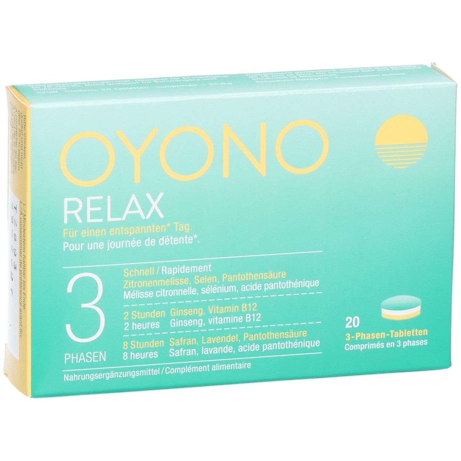 OYONO RELAX 3-Phasen-Tabletten Verpackung. Vorderseite mit Logo, Produktnamen und Phasen-Aufteilung.