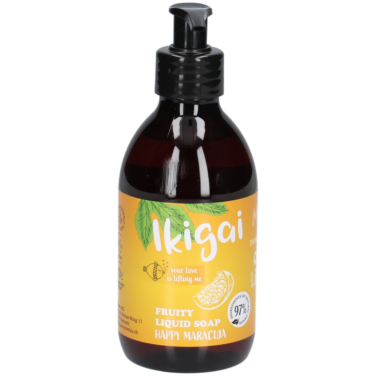 Ikigai Fruity Liquid Soap Happy Maracuja in brauner Flasche mit Pumpspender.