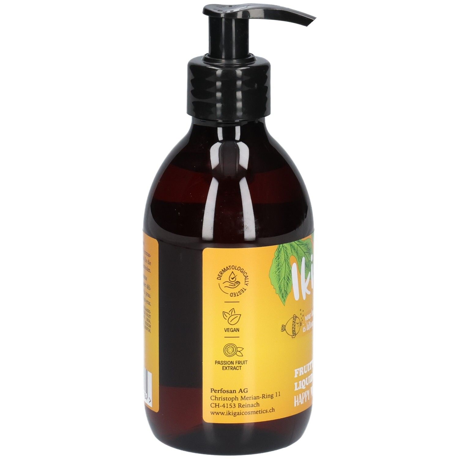 Braune Pumpflasche mit gelbem Etikett, 'ikigai' Logo, 'Dermatologically Tested' und 'Vegan' Siegeln.