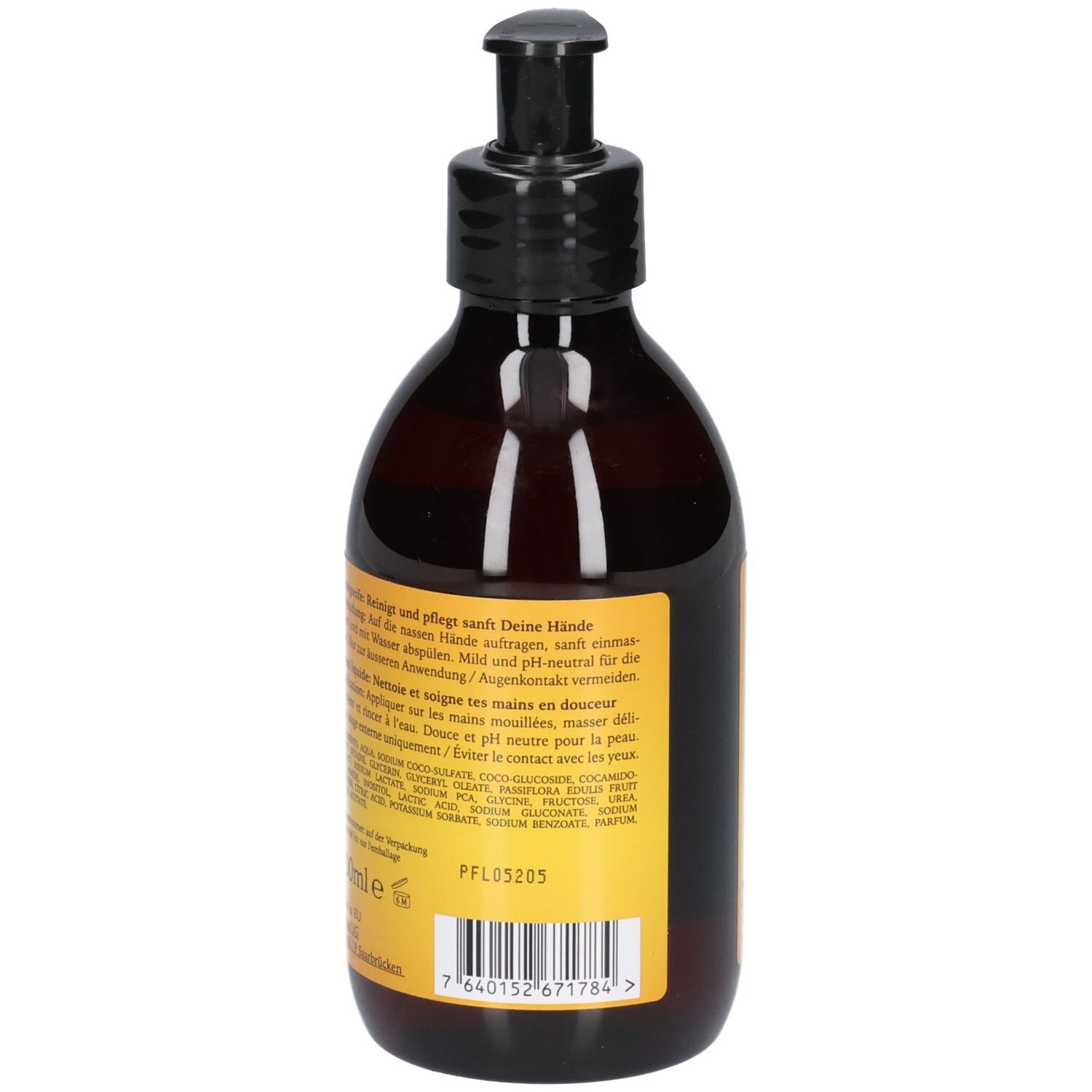 Braune Pumpflasche mit gelbem Etikett und schwarzem Pumpspender.